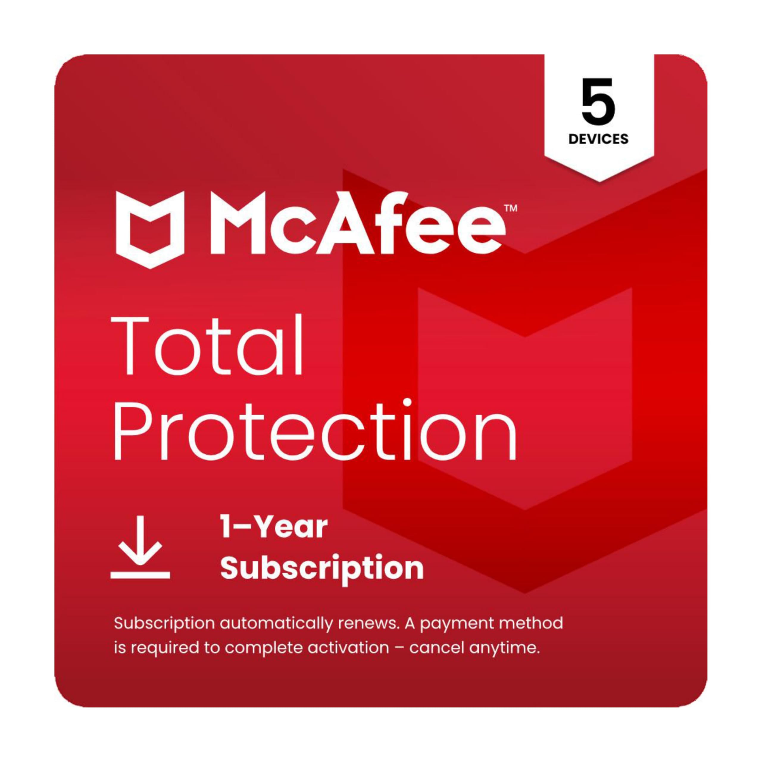 mcafee total protection 5-device 2025  security software includes antivirus secure vpn scam protection identity monitoring  1-year subscription with auto-renewal  download