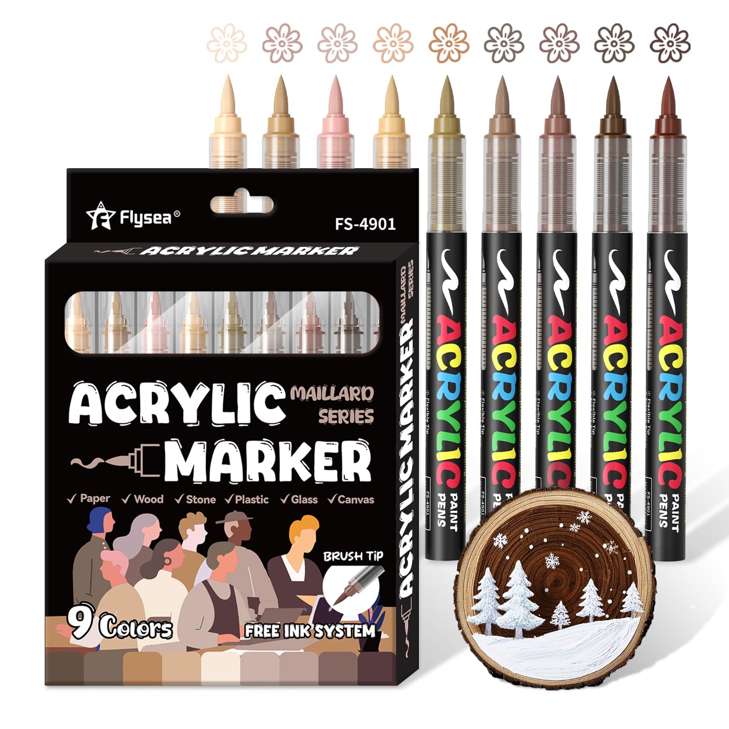 Alitastro Paint Pens Acrylic Markers - 9 Maillard Series Brush Tip Water Based Marker Pens for Rock Painting, Wood, Ceramic, Glass, Acrylic Paint Markers for Egg Pumpkin