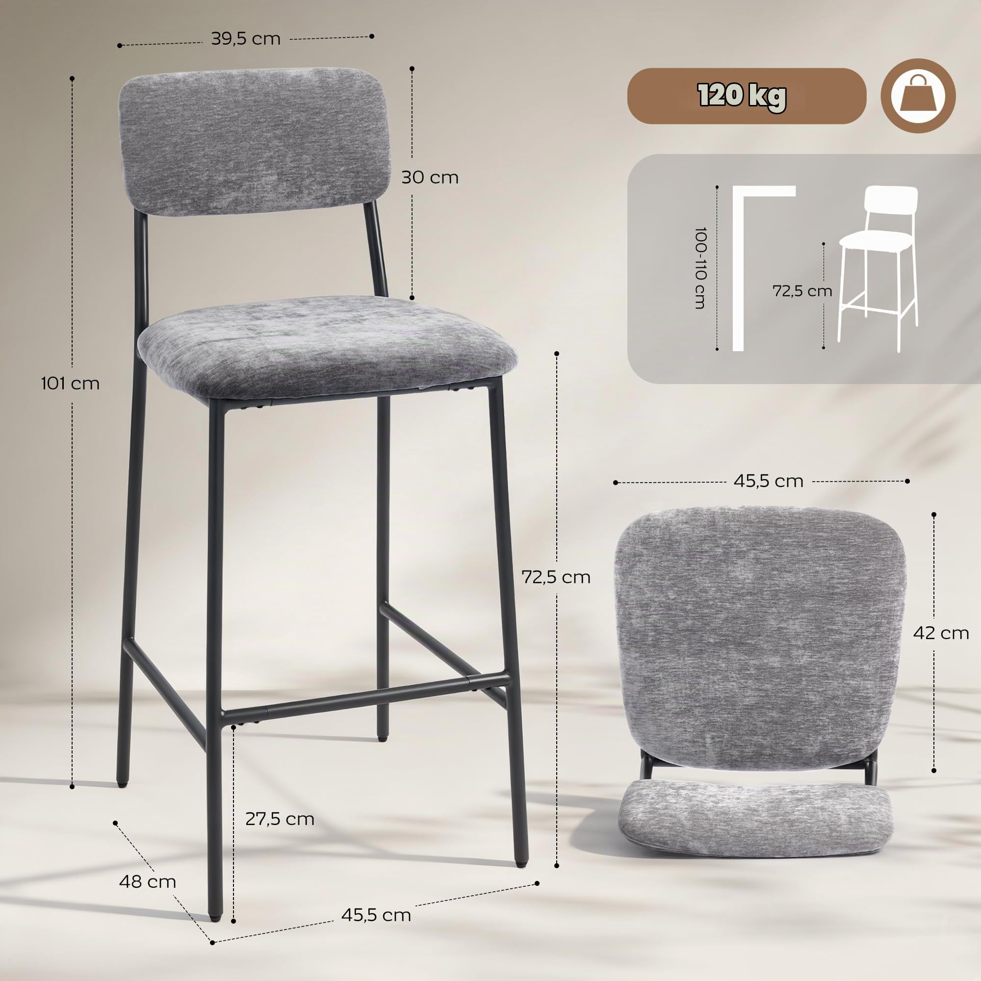 HOMCOM Lot de 2 Tabourets de Bar Tissu Chenille Assise Large 72,5Hcm Gris