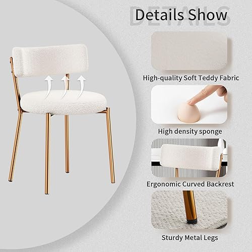 Miniatura 6 de Juego de 4 mesas de comedor redondas de vidrio de 39 pulgadas, mesa de cocina moderna dorada con 4 sillas de comedor tapizadas en oro blanco, mesa