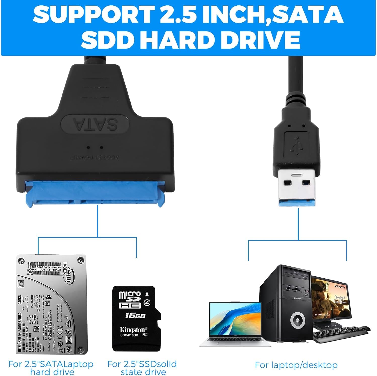 YIIFELL Kabel SATA na USB, adapter USB 3.0 na SATA do 2,5 cala HDD i SSD, konwertera SSD/HDD, kompatybilny z systemami operacyjnymi Windows, Mac i Linux