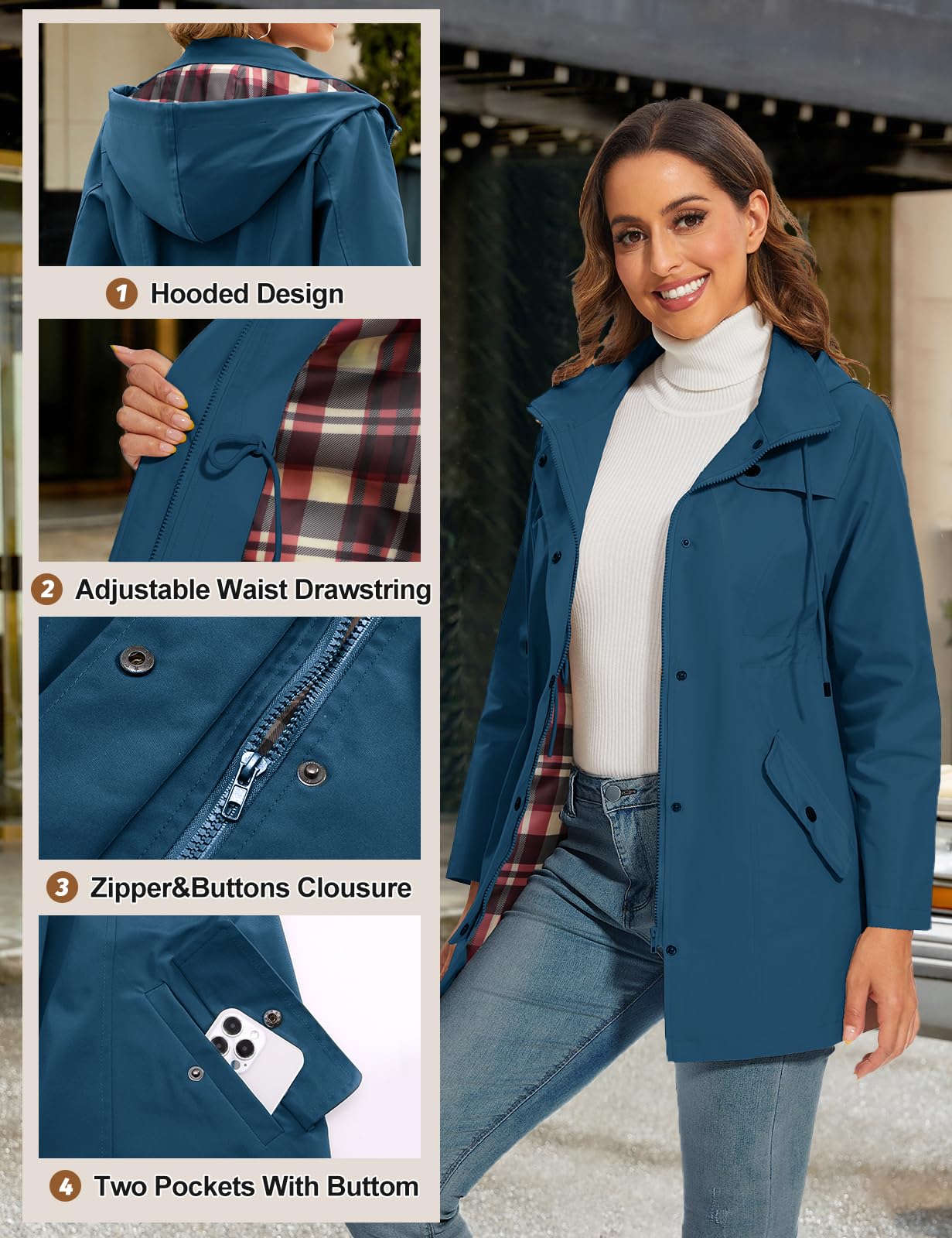Chubasquero Mujer Impermeable Trench Chaqueta de Lluvia Largo Chaqueta Cortaviento para Mujer con Capucha Ligera Gabardina Impermeable al Aire Libre