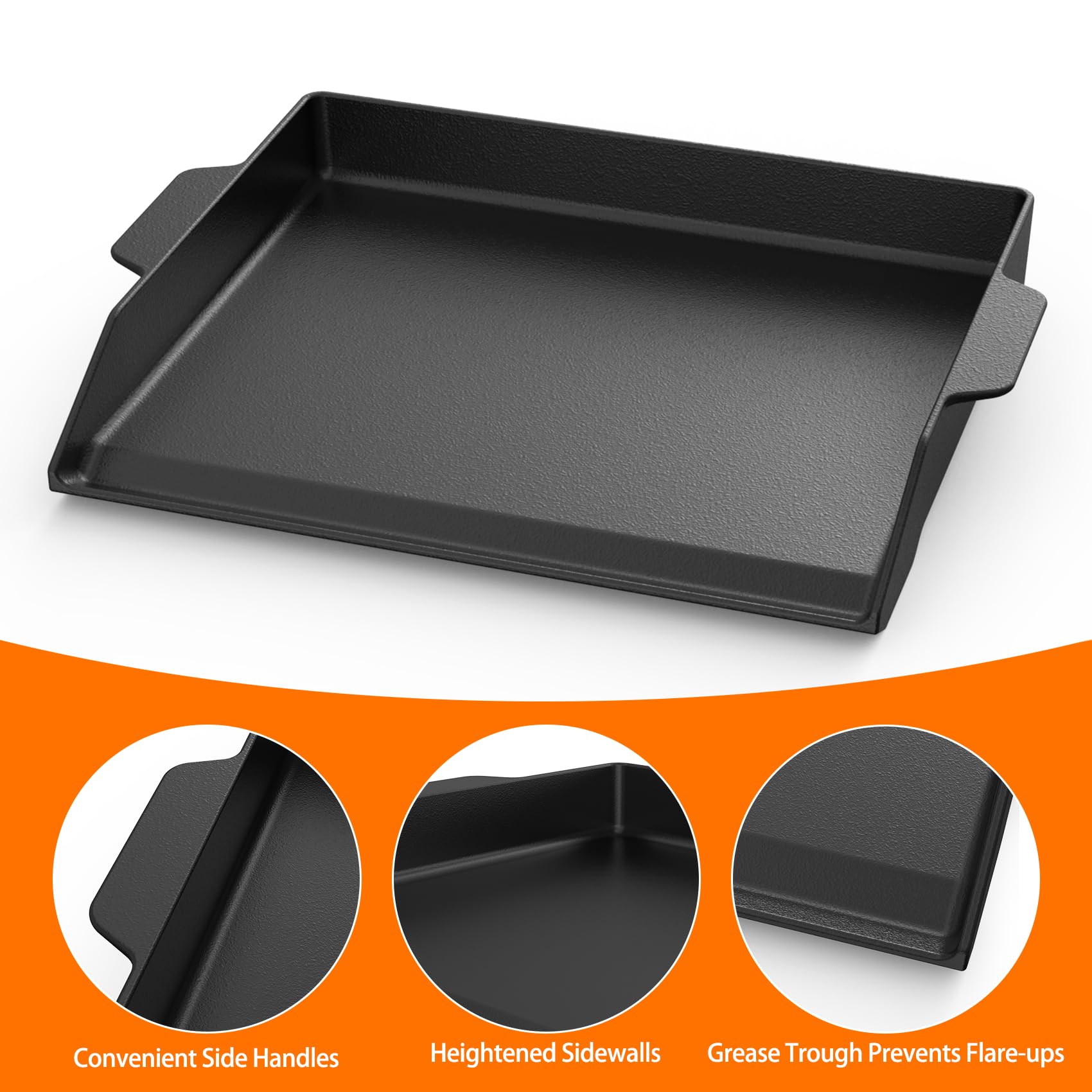 Onlyfire 47,2 × 35,5cm Gusseisen Grillplatte, Grillplatten Gasgrill mit Griff, Universal Gussplatte für Gasgrill, Holzkohlegrill, Herd, Matte Oberfläche, Schwarz