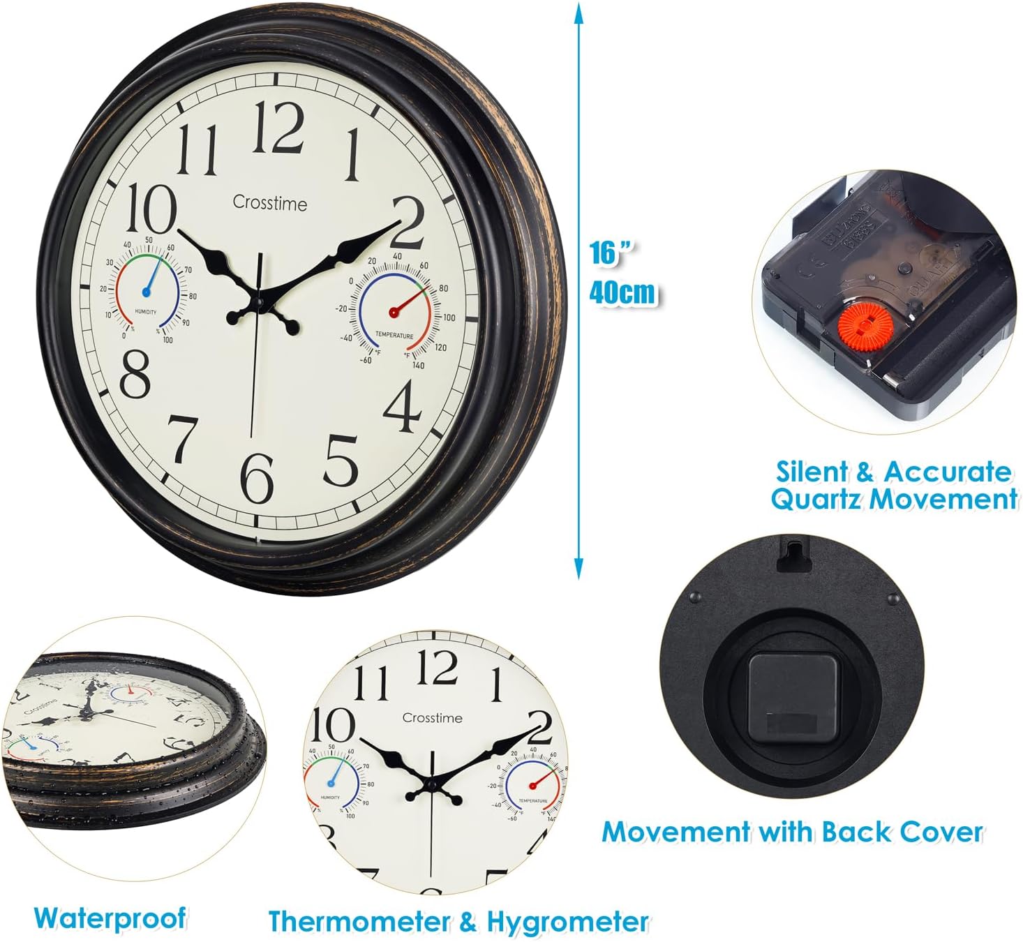 Crosstime 16 Inch Waterproof Outdoor Clock with Thermometer & Hygrometer Combo – Bronze Retro Vintage Decor Indoor Outdoor Wall Clocks for Patio, Pool, Backyard, Garage