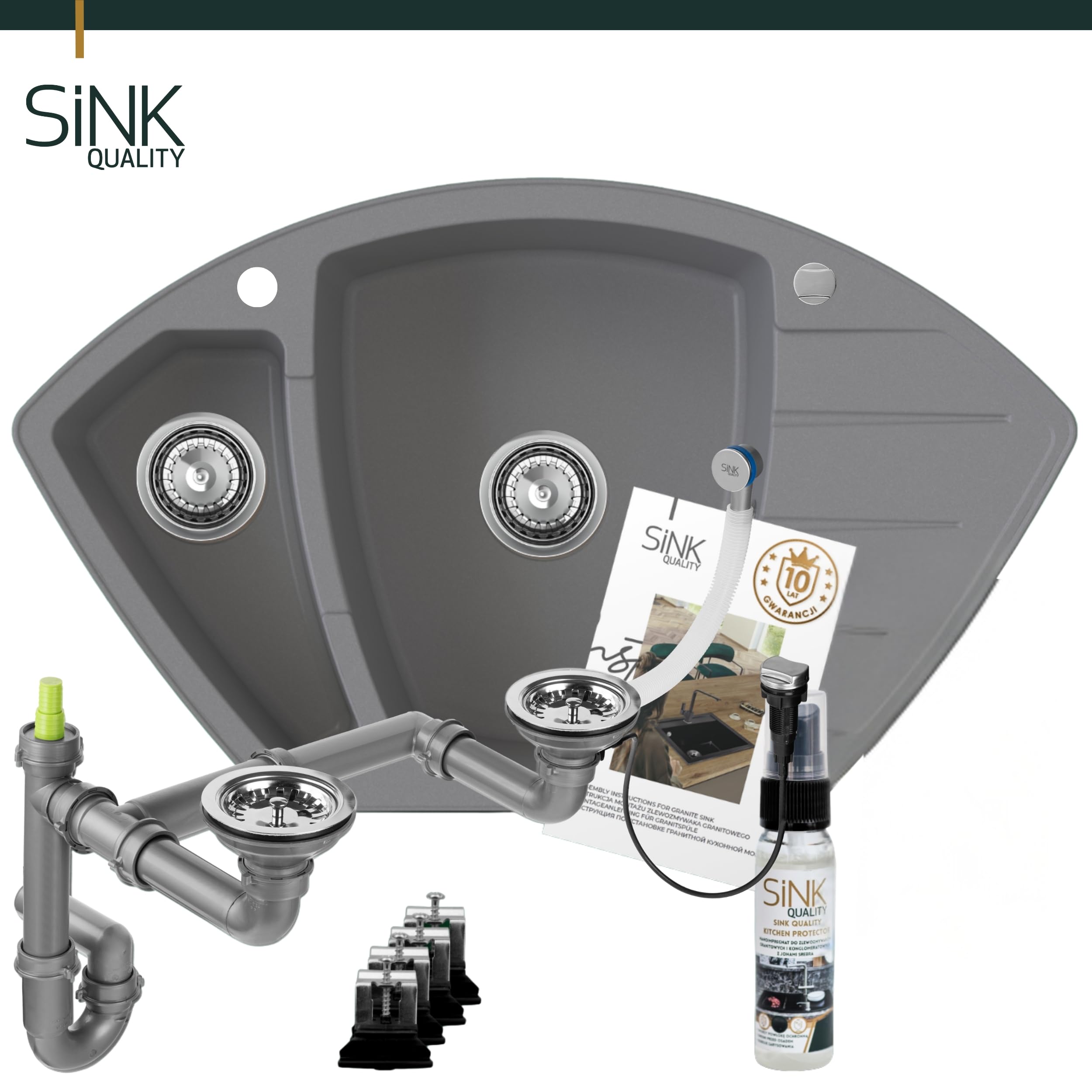 SINK Quality zlewozmywak narożny z granitu 90 x 54 cm - szary – 1,5 umywalka zlewozmywak do zabudowy z umywalką na resztki, wytrzymały i odporny na zarysowania, w zestawie syfon i impregnacja