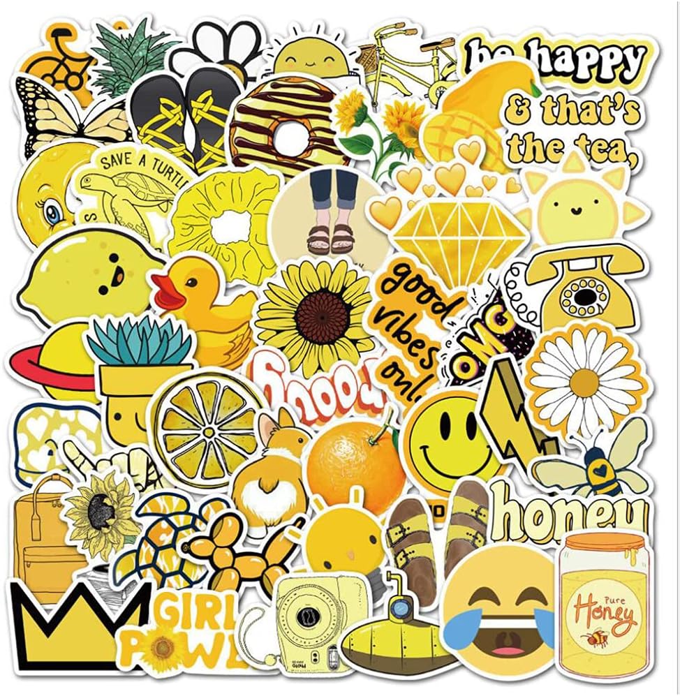 Girl's Yellow Cute Water Bottle Stickers 50 PCS Waterproof Laptop Aesthetic Stickers for Teens Kids