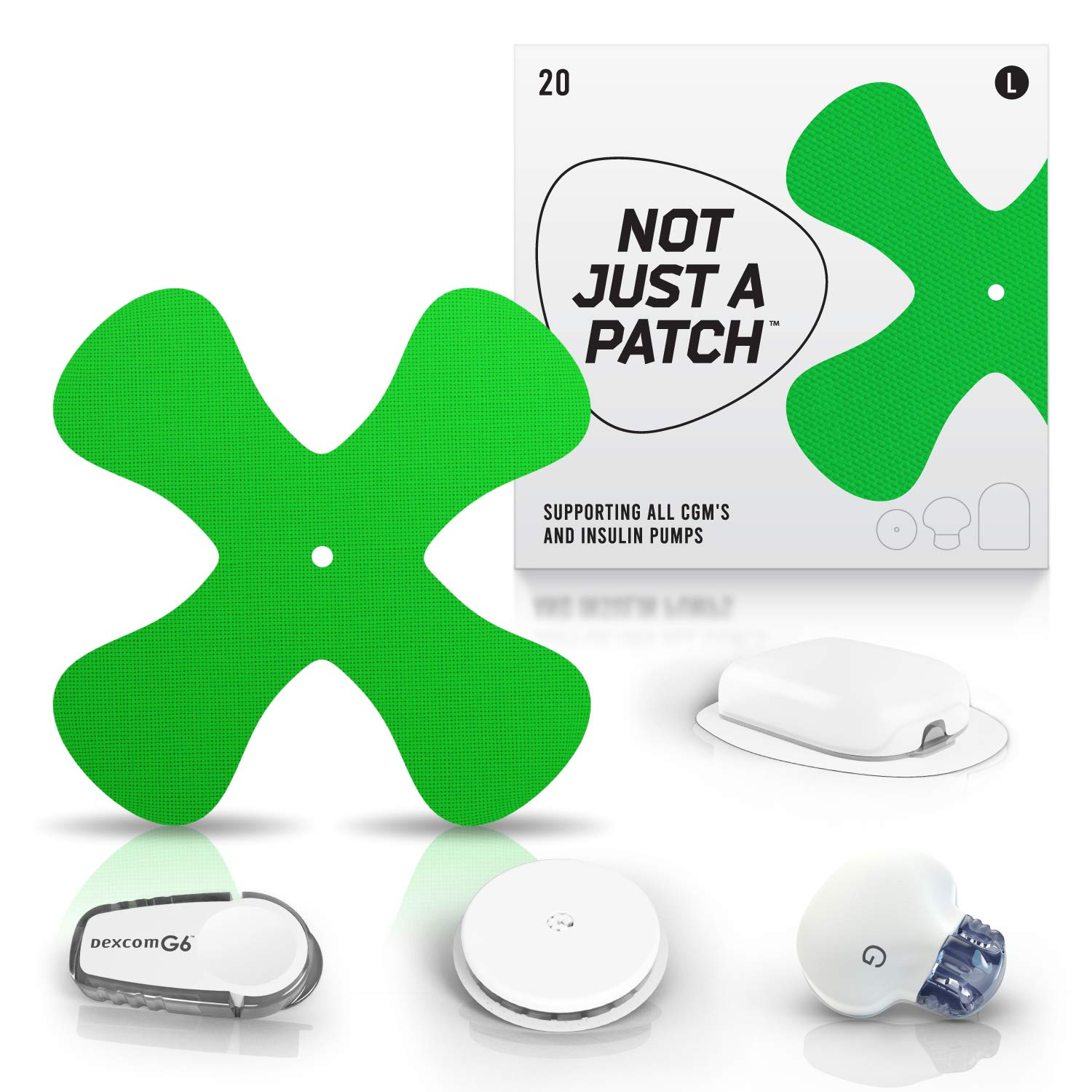 Not Just a Patch X-Patch, Hypoallergenic Patches for CGM and Infusion Site, Compatible with Libre, Dexcom, Guardian, and Omnipod Devices, Green, 20 Patch Pack
