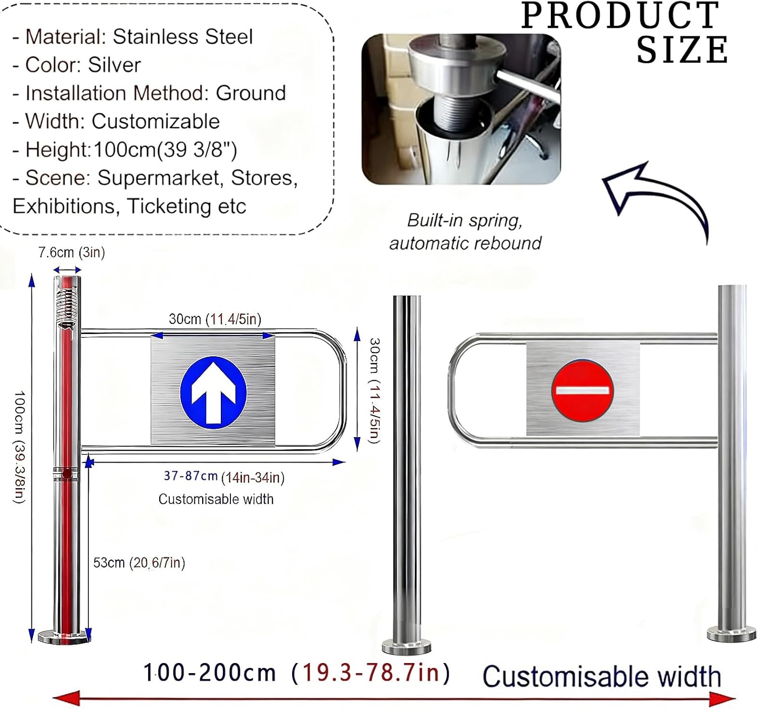 Manual Single Swing Entry Door Stainless Steel Pedestrian Gate 67in Automatic Close Half-Height Portal for Garden Outdoor Security Access Gate.