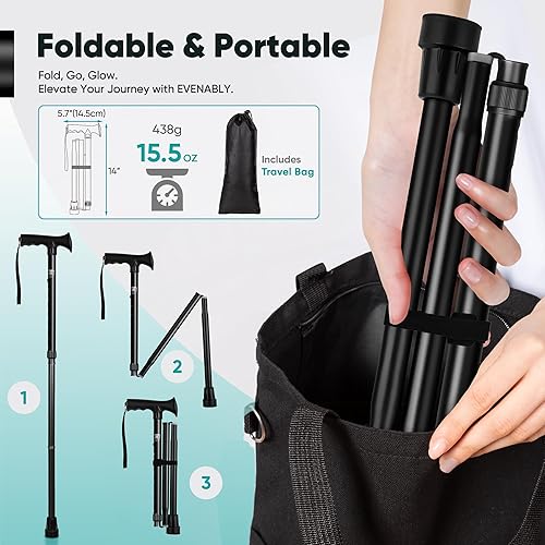 Miniatura 3 de Bastón mejorado (más grueso y largo)  Plegable, ajustable, plegable, punta de repuesto, con bolsa de viaje  Bastón versátil para cada altura, peso,