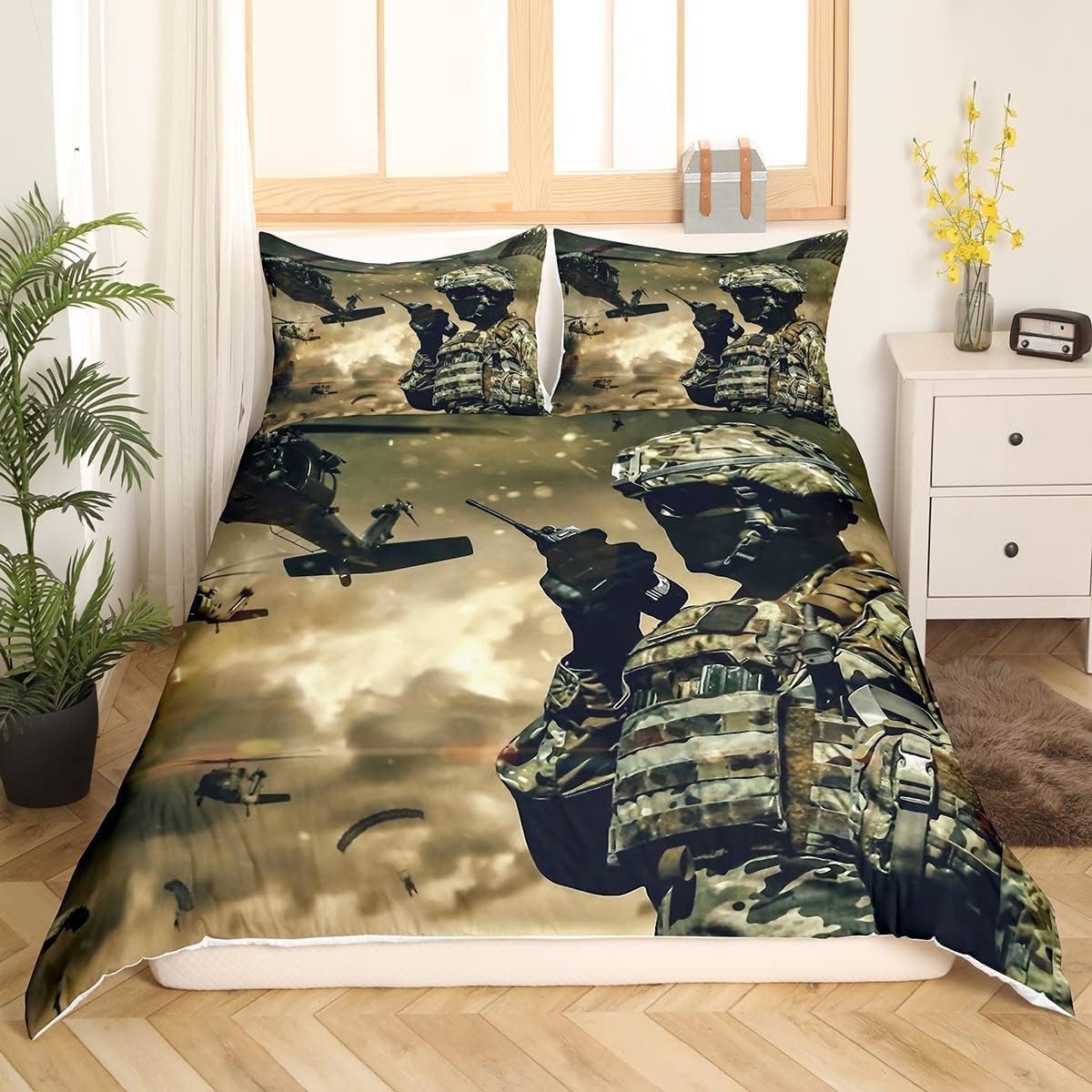 Homemissing American Soldier Bedding Set Boys Teens Under Mission Comforter Cover Helicopter Duvet Cover for Girls Kids Camouflage Bedroom Decor Military Themed Bedspread Cover Single Size - Image 2