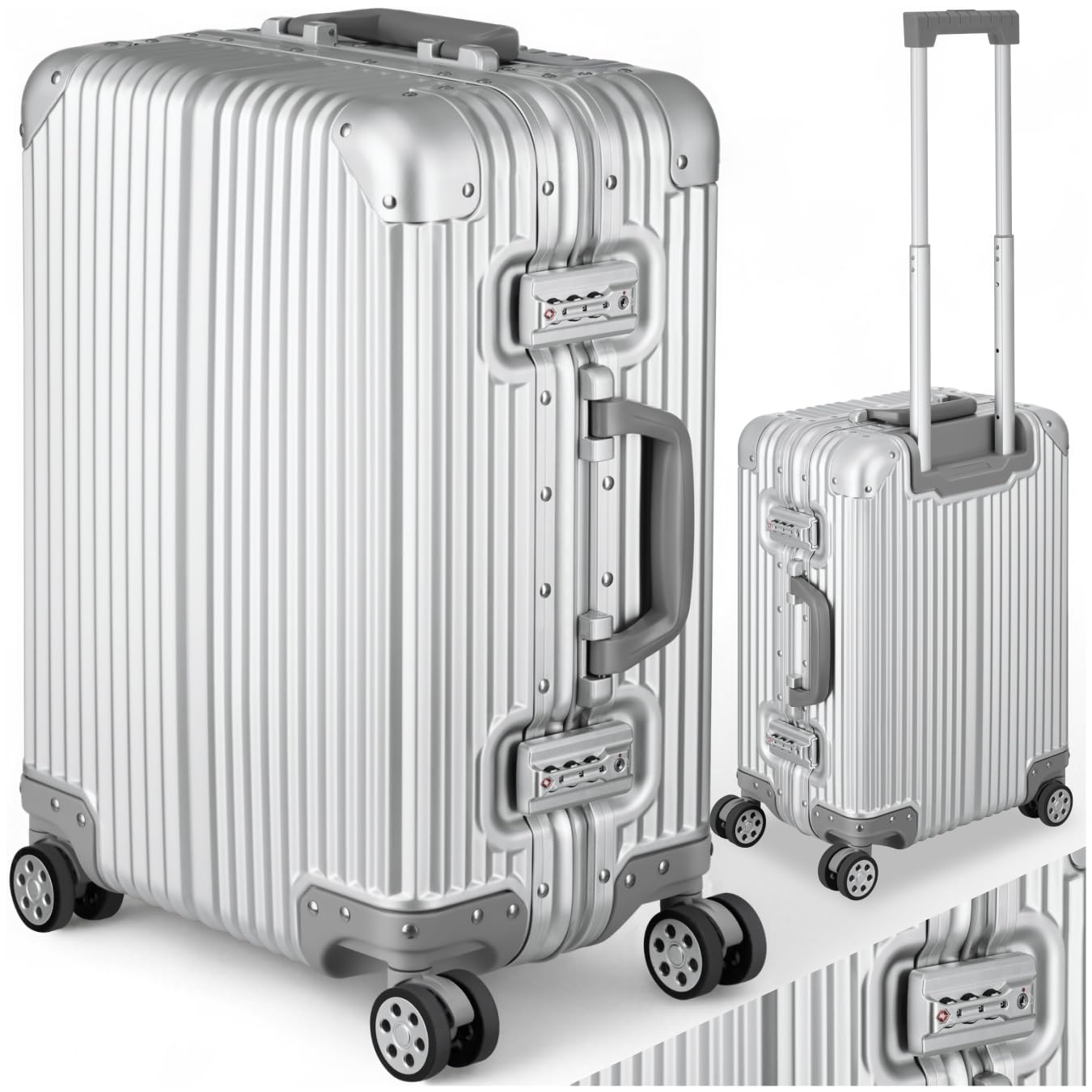 Tectake Alu Handgepäck Koffer 20" 36L, 2 TSA-Schlösser, leise Rollen, abteilbarer Innenraum, silber