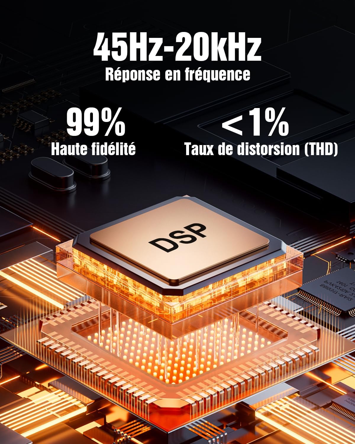 Image of a DSP chip with text indicating 45Hz-20KHz frequency response, 99% high fidelity, and less than 1% THD