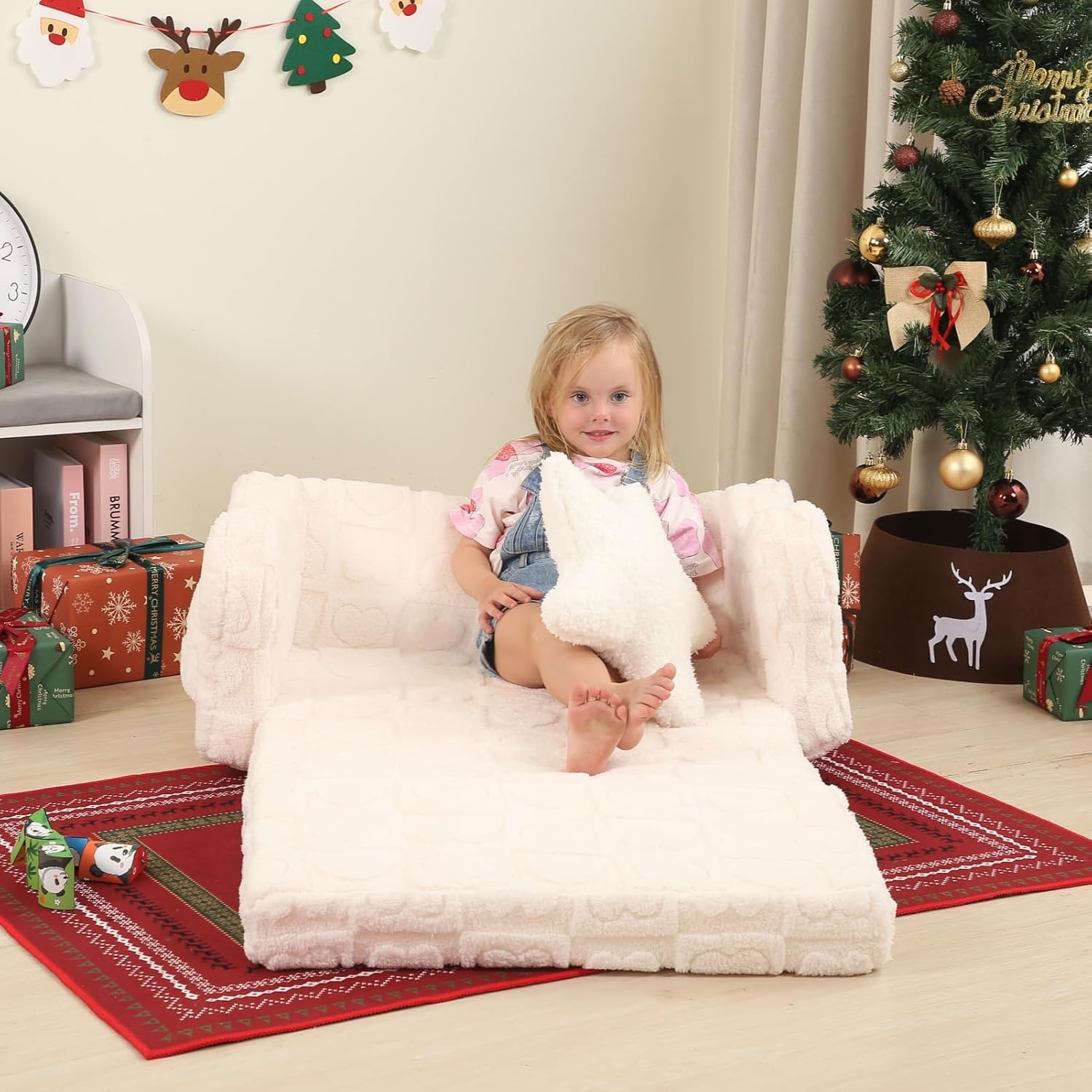 MOMCAYWEX Toddler Couch, 2-in-1 Kids Soft Couch Fold Out with Star Pillow, Foldable Sofa to Lounger, Large, Cream Heart