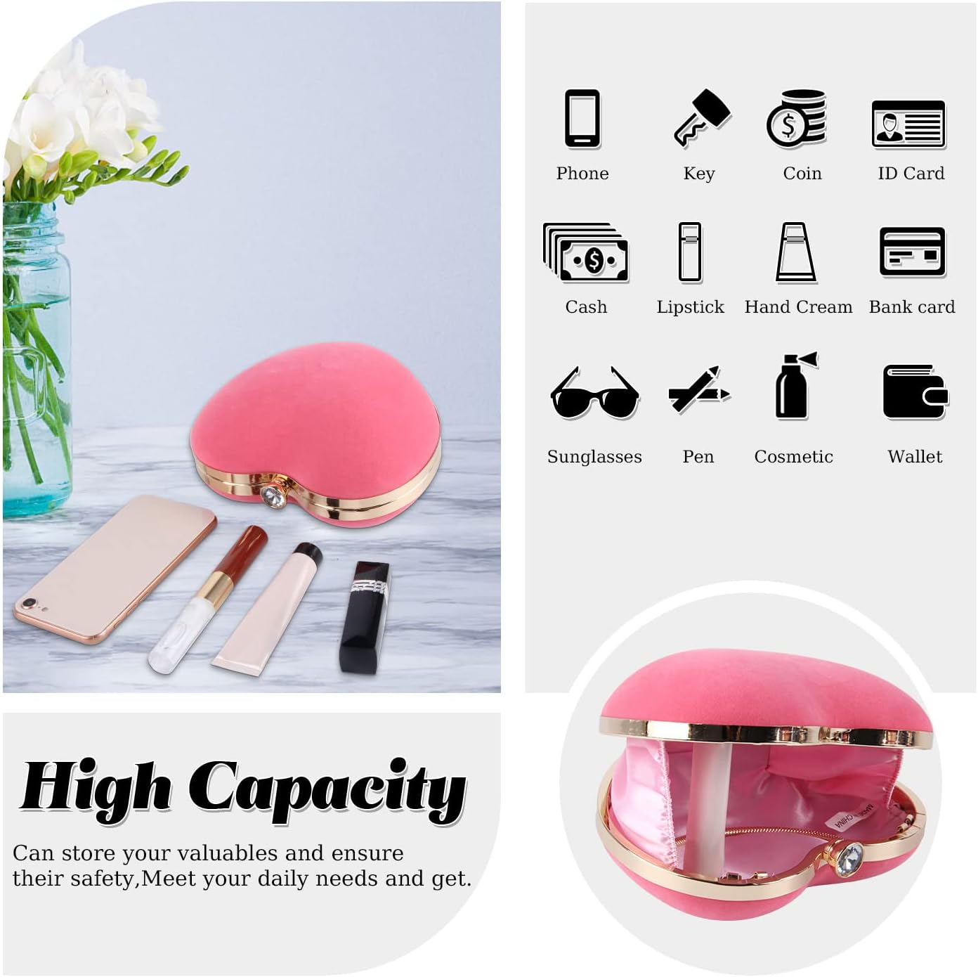 SUKUTU Womens Heart Shape Evening Bag Purse Velvet Party Tote Mini Handbag Clutch Chain Clear Shoulder Bag - Image 5