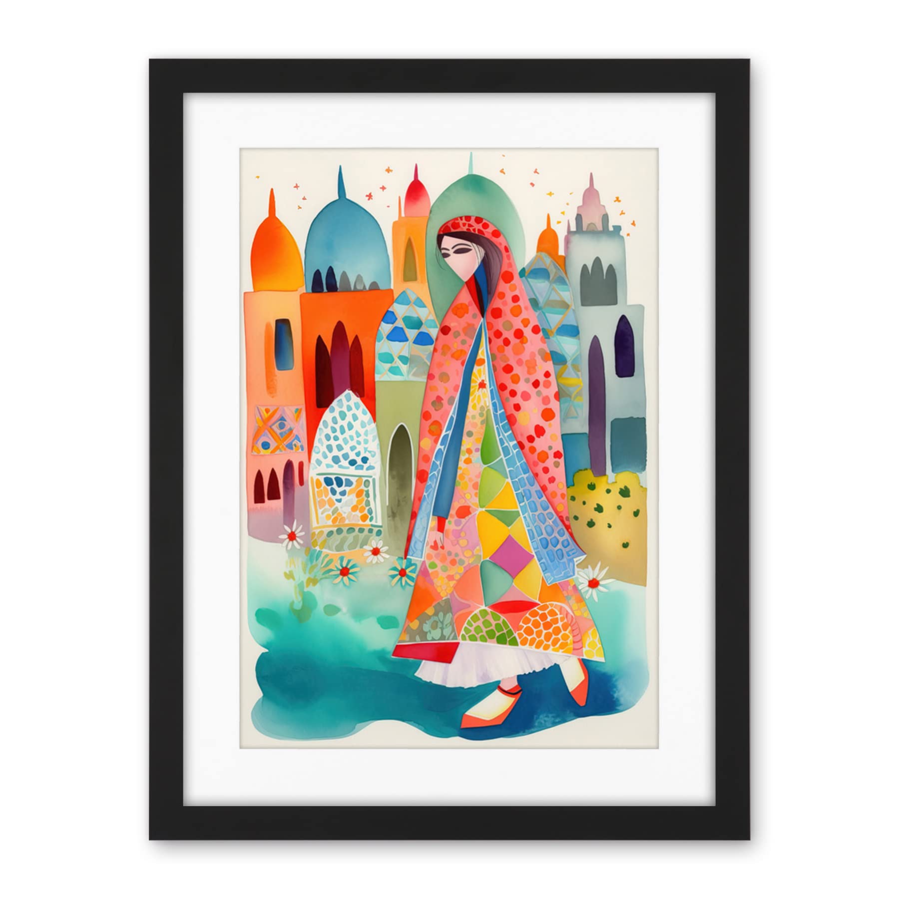 Artery8 Hijab Muslim Woman with Buildings Folk Art Artwork Framed Wall Art Print 18X24 Inch