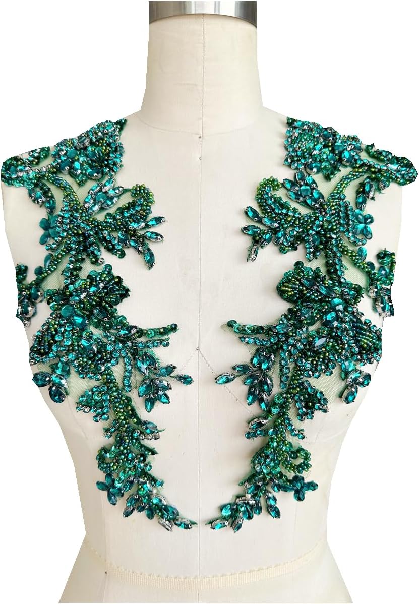 Handmade Shining Rhinestones lace Applique Patches Sewing Beads Sequins Stone Trim Accessories for Wedding Dress one Pair/Bag (Deepgreen)