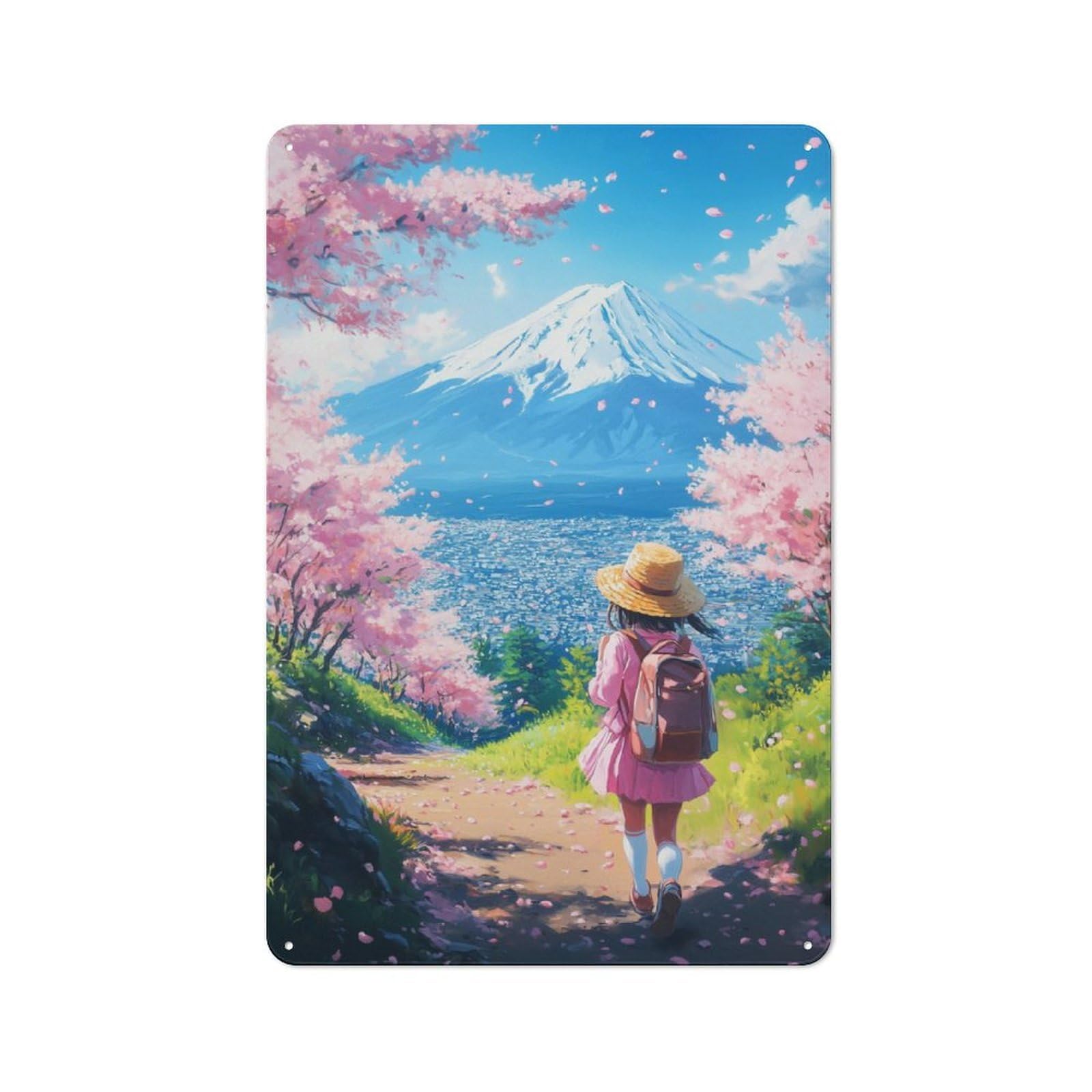 Junmoney Cherry Blossom Fuji View Industrial-Style Metal Plaque 30X20cm For Hallway Wall, A Winter Wall Decor Update For Hallway Decor Lovers