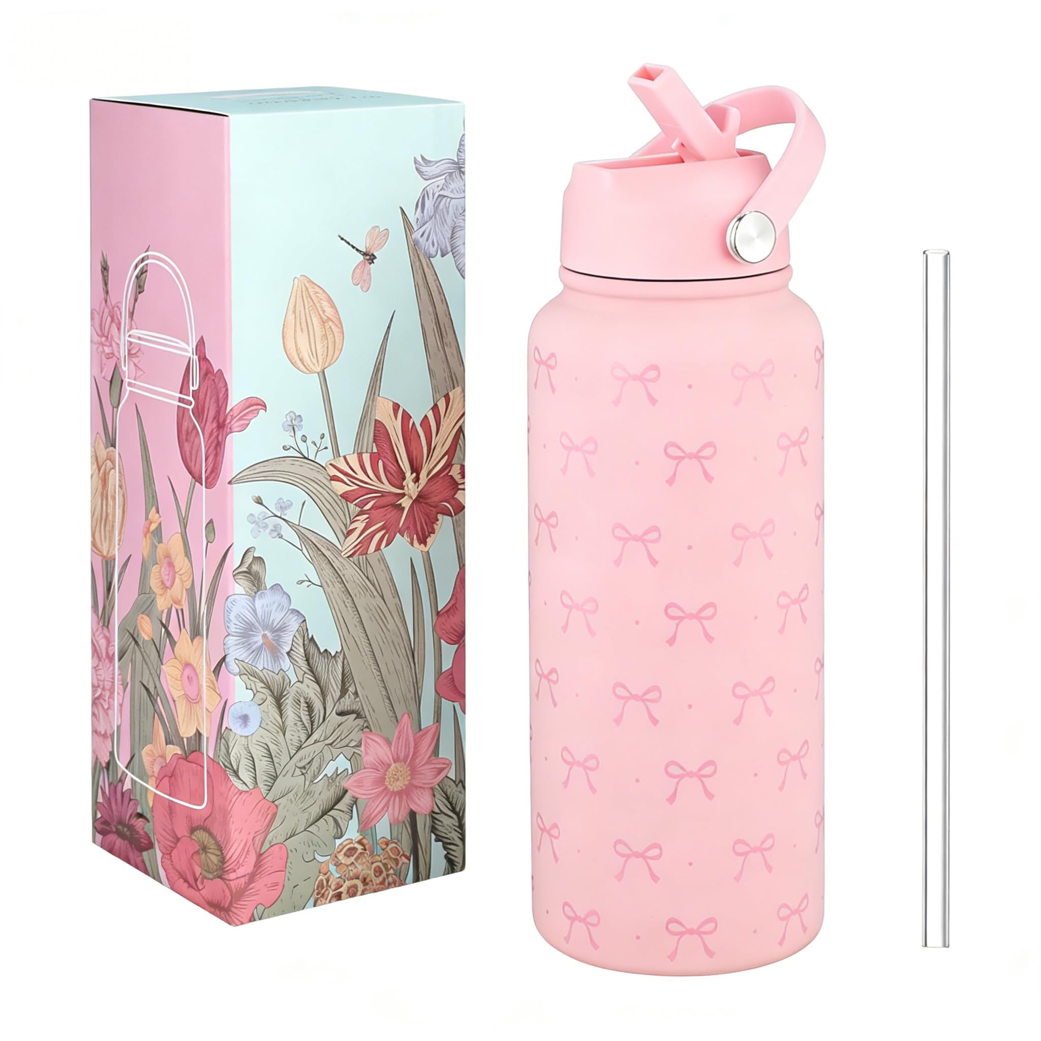Pink Bow Water Bottle, 32oz/1L Stainless Steel Insulated Water Bottle with Straw and Handle, Cold and Heat Preservation, Leak-Proof Water Bottles for School Gym Travel, Gifts for Teens Girls Women