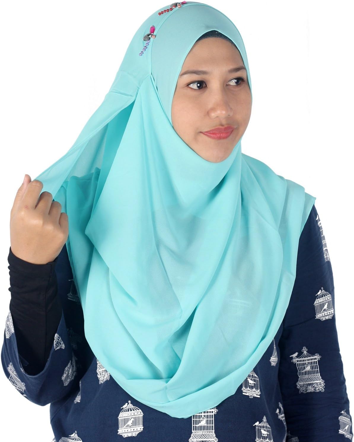 Womens Turquoise Plain Double Loop Instant Chiffon Hijab Scarf Ready Wear