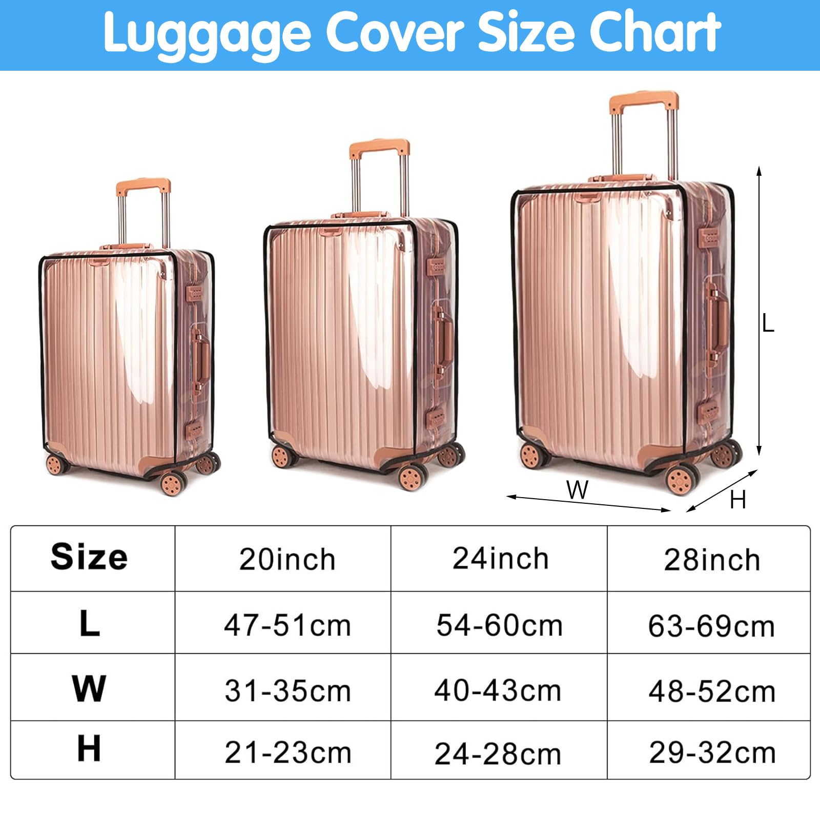 KEAGAN 3 Stück Kofferhülle Kofferschutzhülle Transparente PVC Koffer Schutzhülle Wasserdicht Staubdicht Kratzschutz Wiederverwendbar Luggage Cover für Reisen(20+24+28 Zoll)