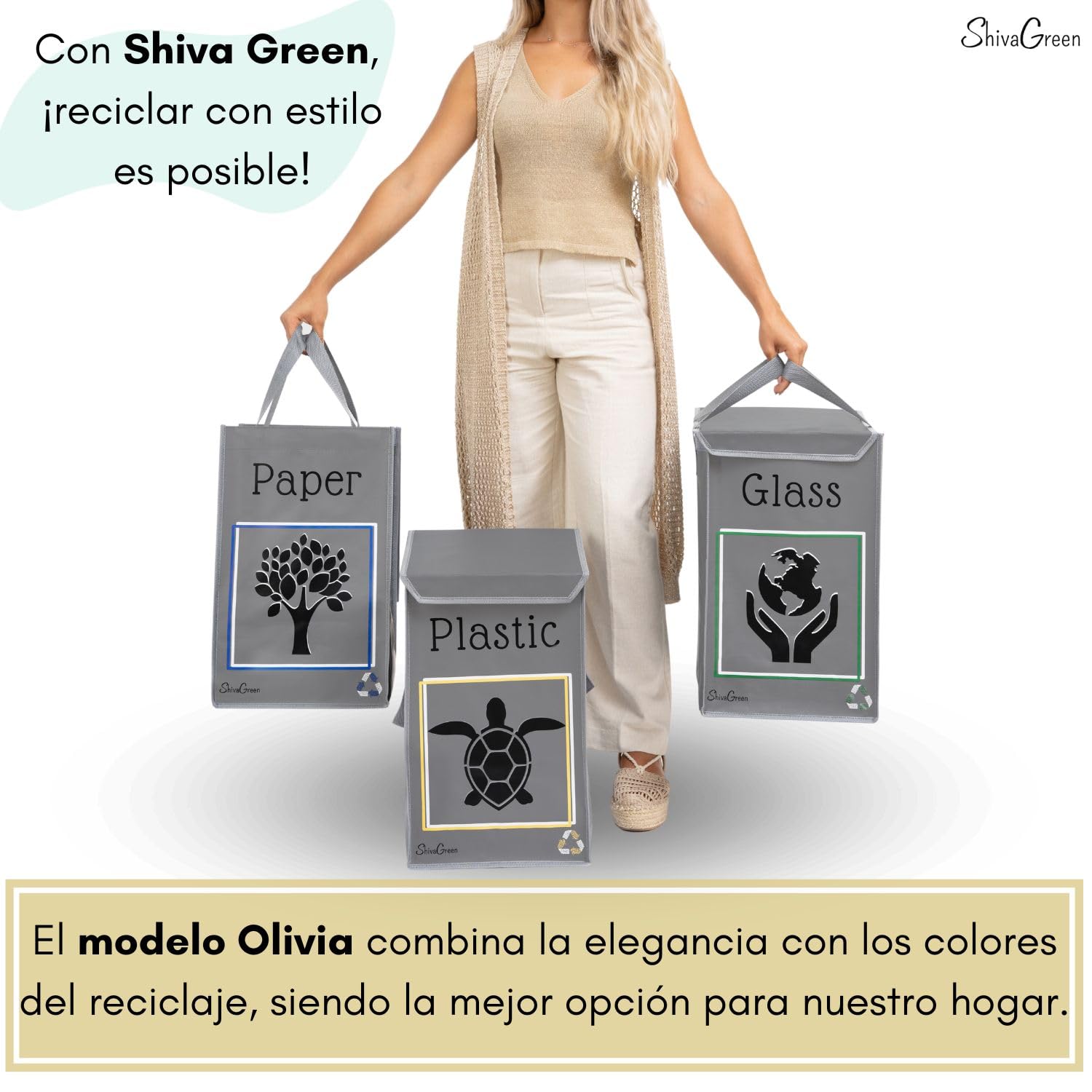 Cubos Reciclaje Shiva Green - Con Tapa, Asas Reforzadas Y Varillas Rígidas, Diseño Elegante