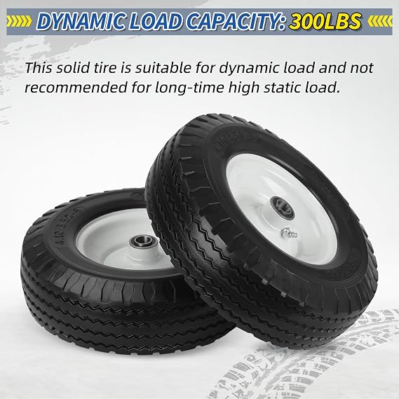 GICOOL 4.10/3.50-6 Flat Free Tire and Wheel, 12 Solid Wheel, 3-3.5''-4.5'' Centered Hub, and 3/4 & 5/8 Bearings, Replacement for Lawnmower, Wheelbarrow, All Purpose Utility Tire on Wheel