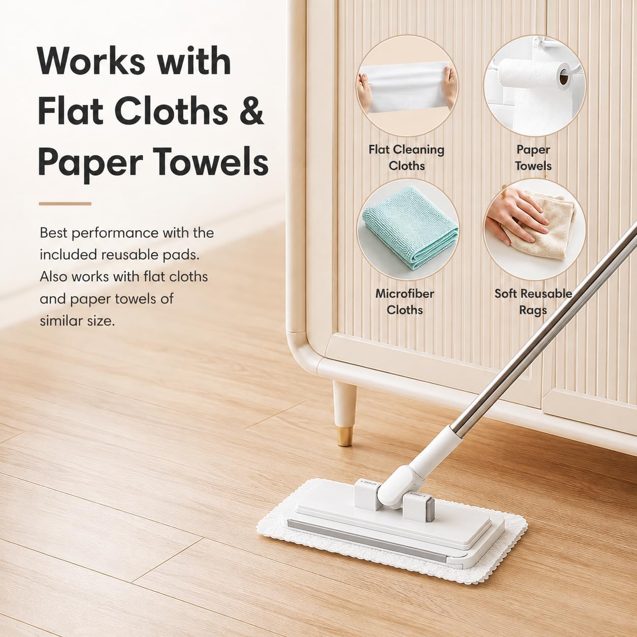 Hands Free Flat Mop with 5 Reusable Pads, One-Click Cloth Release, 53-Inch Extendable Stainless Steel Handle, Microfiber Mini Mop with Wall Holder for Hardwood, Tile, Bathroom, Kitchen and Glass