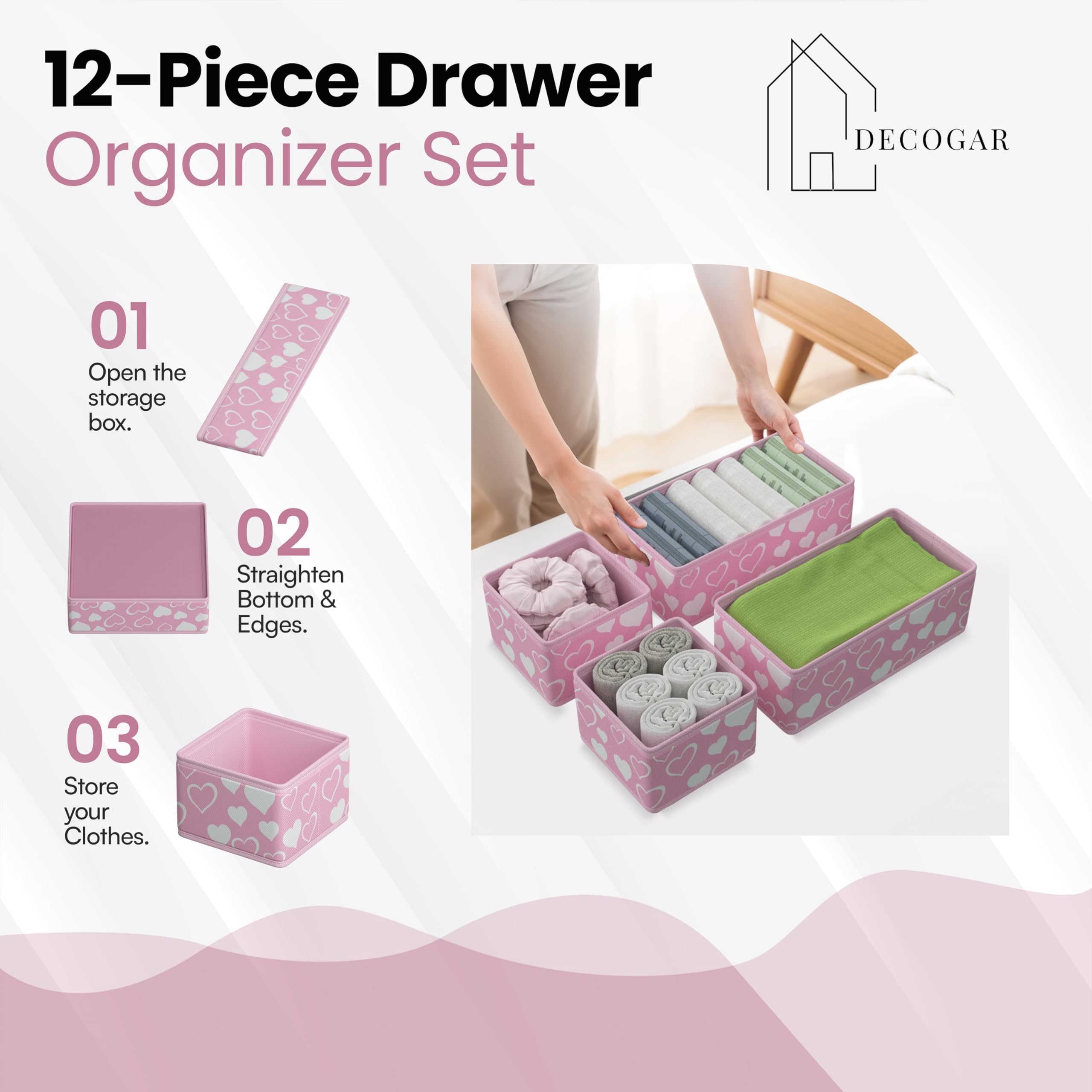 DECOGAR Drawer Organizer for Clothing - Pink with White Hearts | 12-Pack | Foldable | Nursery Storage