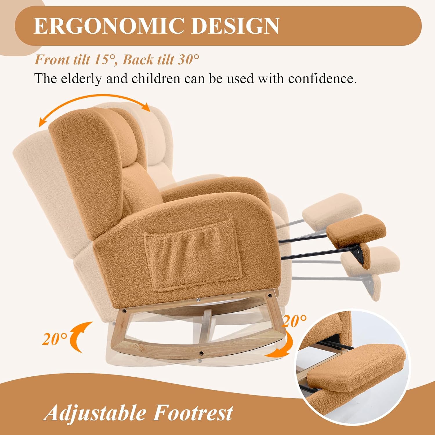 NIOIIKIT Nursery Rocking Chair with Footrest, Teddy Upholstered Glider Chair, Nursery Gliding Recliner with Side Pocket, Glider Rocker for Living Room (Orange)