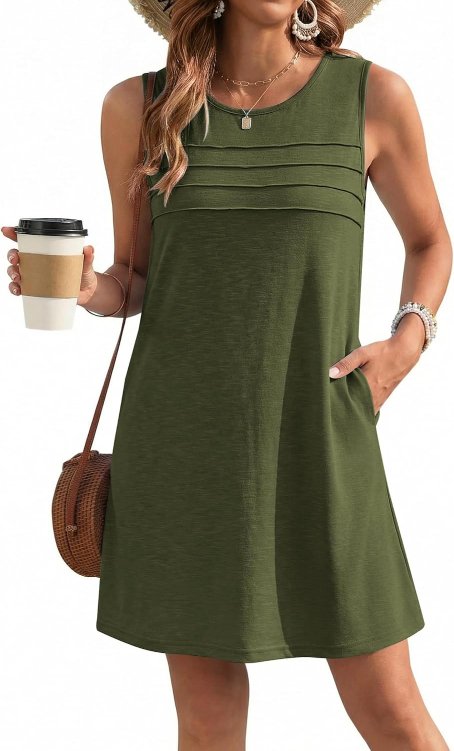 Ekouaer Womens Swimsuit Cover Up Pleated Front Bathing Suit Coverups 2026 Casual Tank Beach Dress with Pockets S-2XL