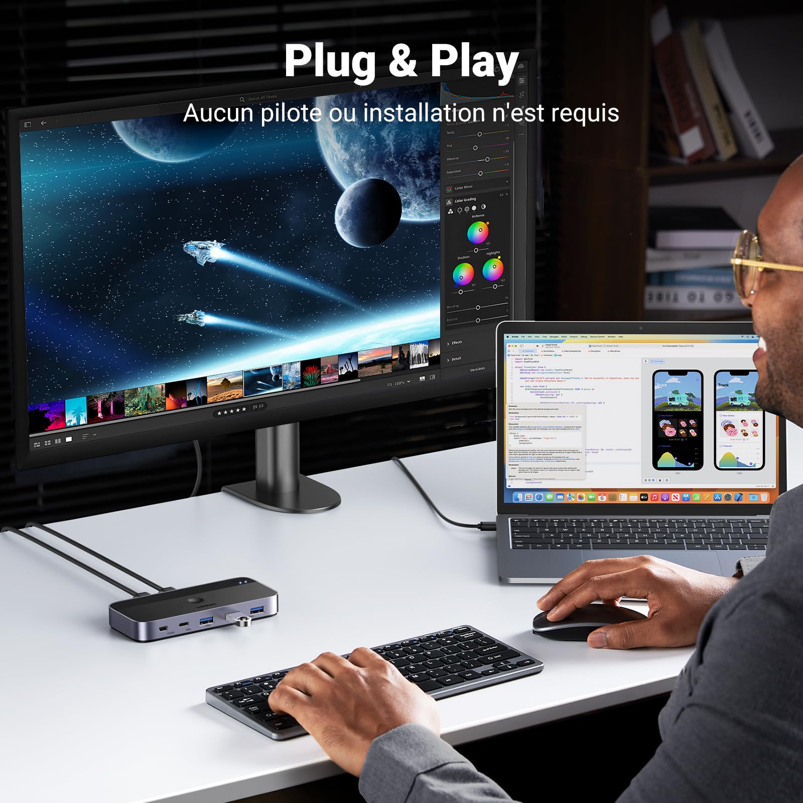 UGREEN Switch USB C 3.0 Commutateur KVM Ports pour 2 PC Entrées 4 Sorties 5Gbps pour Clavier Souris Disque Dur Imprimante avec Contrôle du Bureau et Câbles Inclus