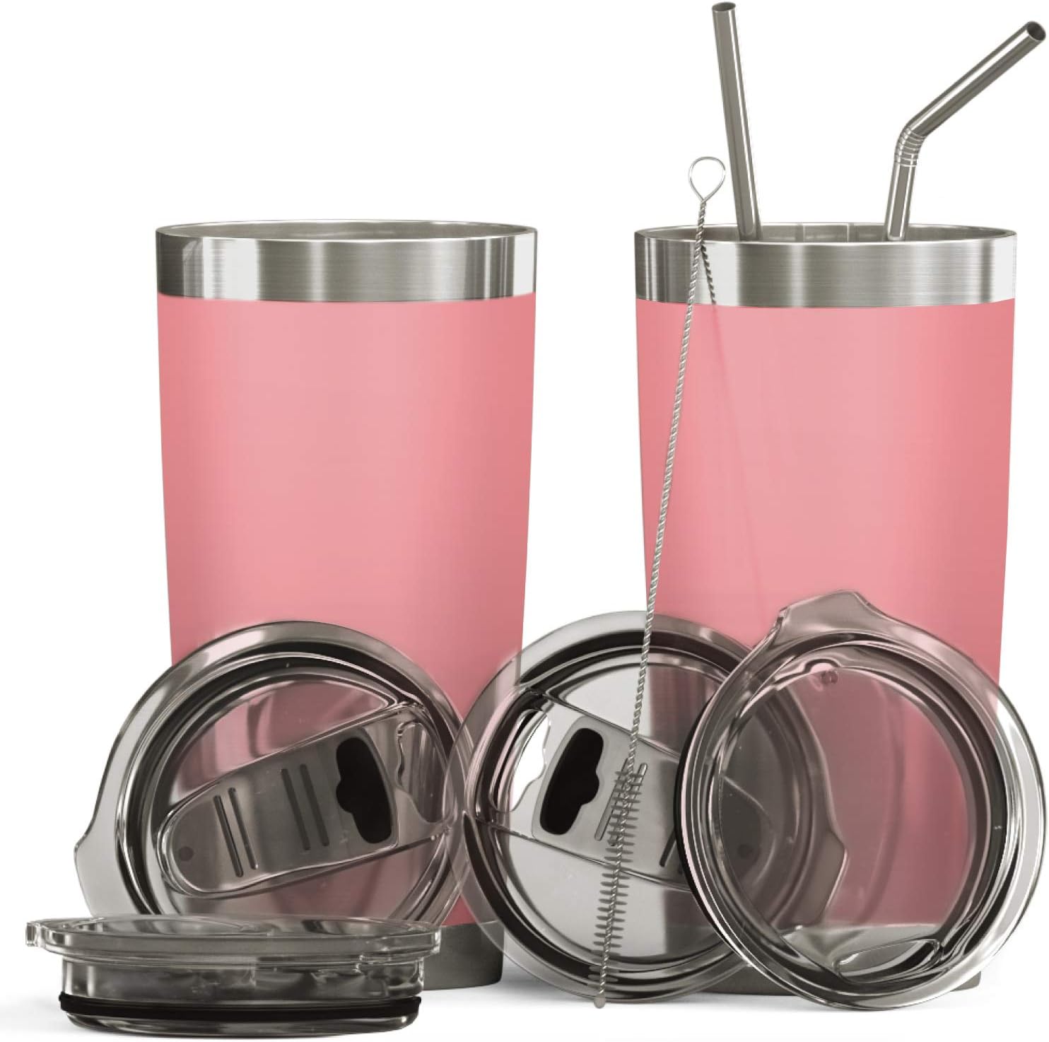 - BluePeak Double Wall Stainless Steel Vacuum Insulated Tumbler Set, 2-Pack. Includes Sipping Lids, Spill-Proof Sliding Lids, Straws, Cleaning Brush & Gift Box (20oz, Pink)