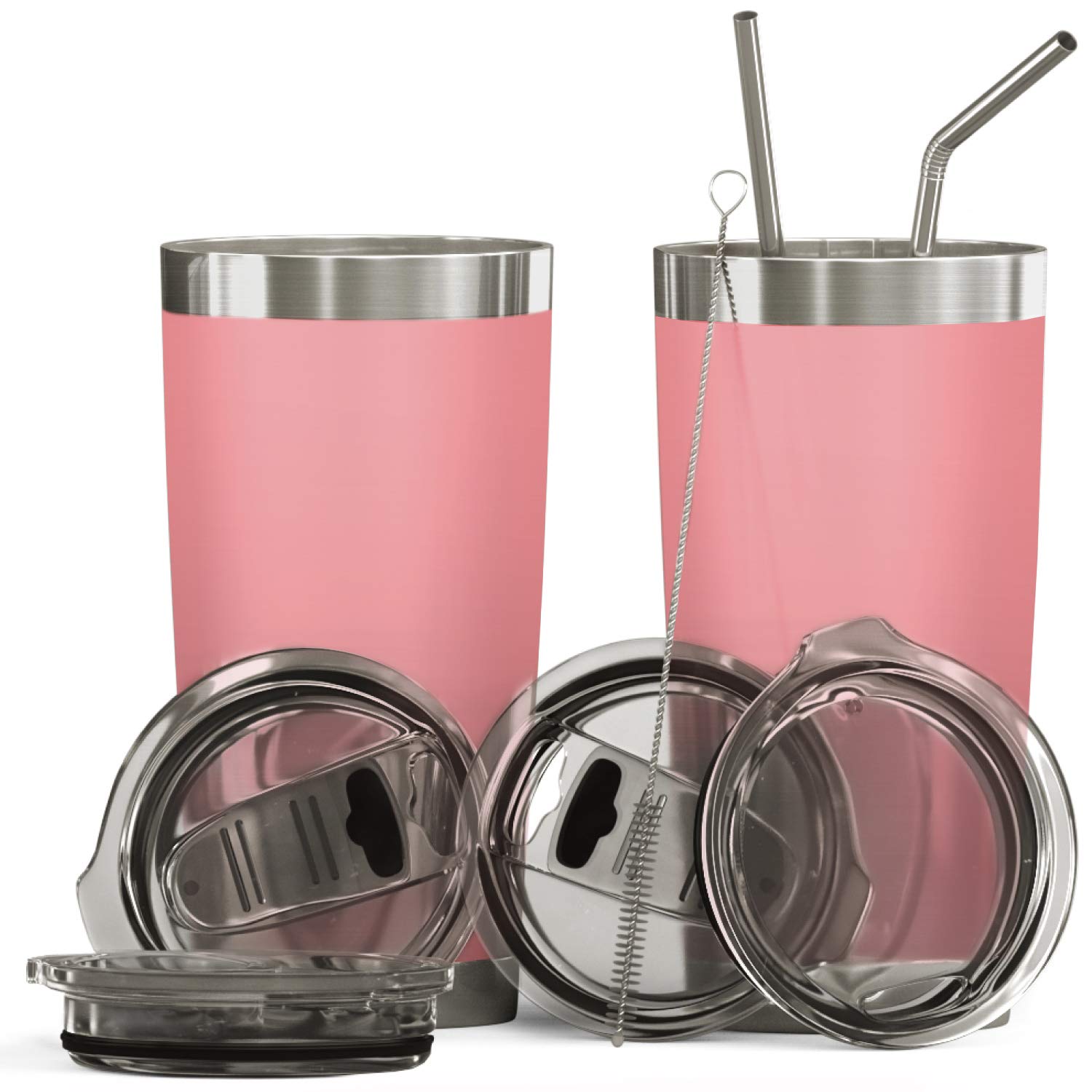 Sponsored Ad - Double Wall Stainless Steel Vacuum Insulated Tumbler Set, 2-Pack. Includes Sipping Lids, Spill-Proof Sliding Lids, Straws, Cleaning Brush & Gift Box (20oz, Pink)