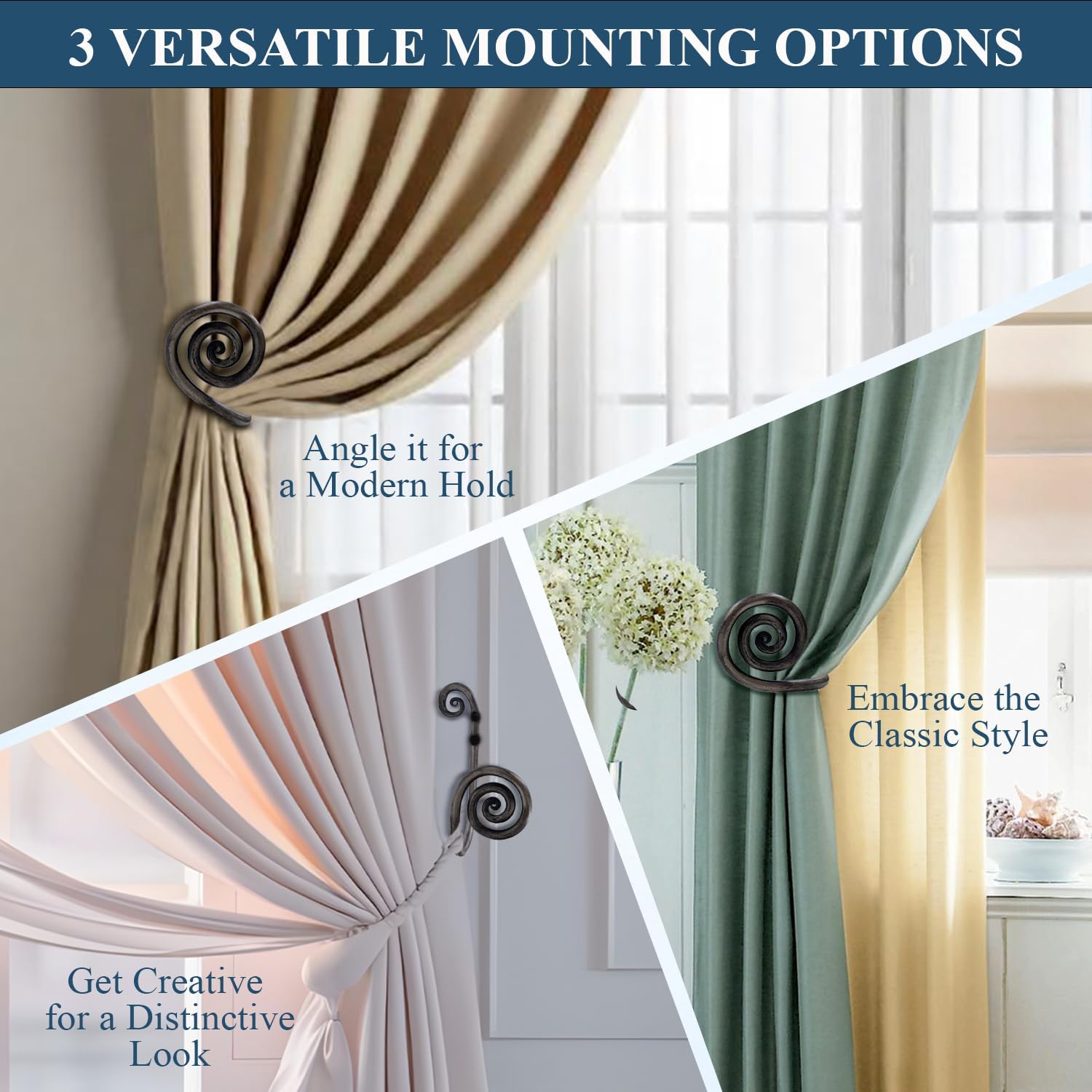 The Metal Magician Sturdy Wrought Iron Wall Mounted Curtain Holdbacks - Curtain Holders for Living Room, Bedroom, Kitchen, Office - (Swirl - Antique Nickel) - Pack of 2