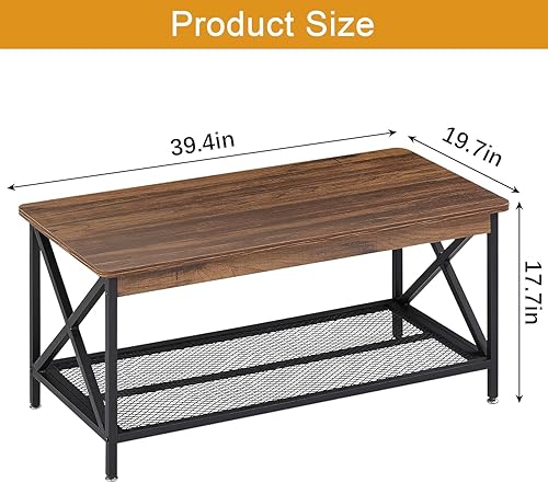 Miniatura 9 de VECELO Mesa central con estante de almacenamiento para sala de estar, oficina, recepción, rectangular, marrón