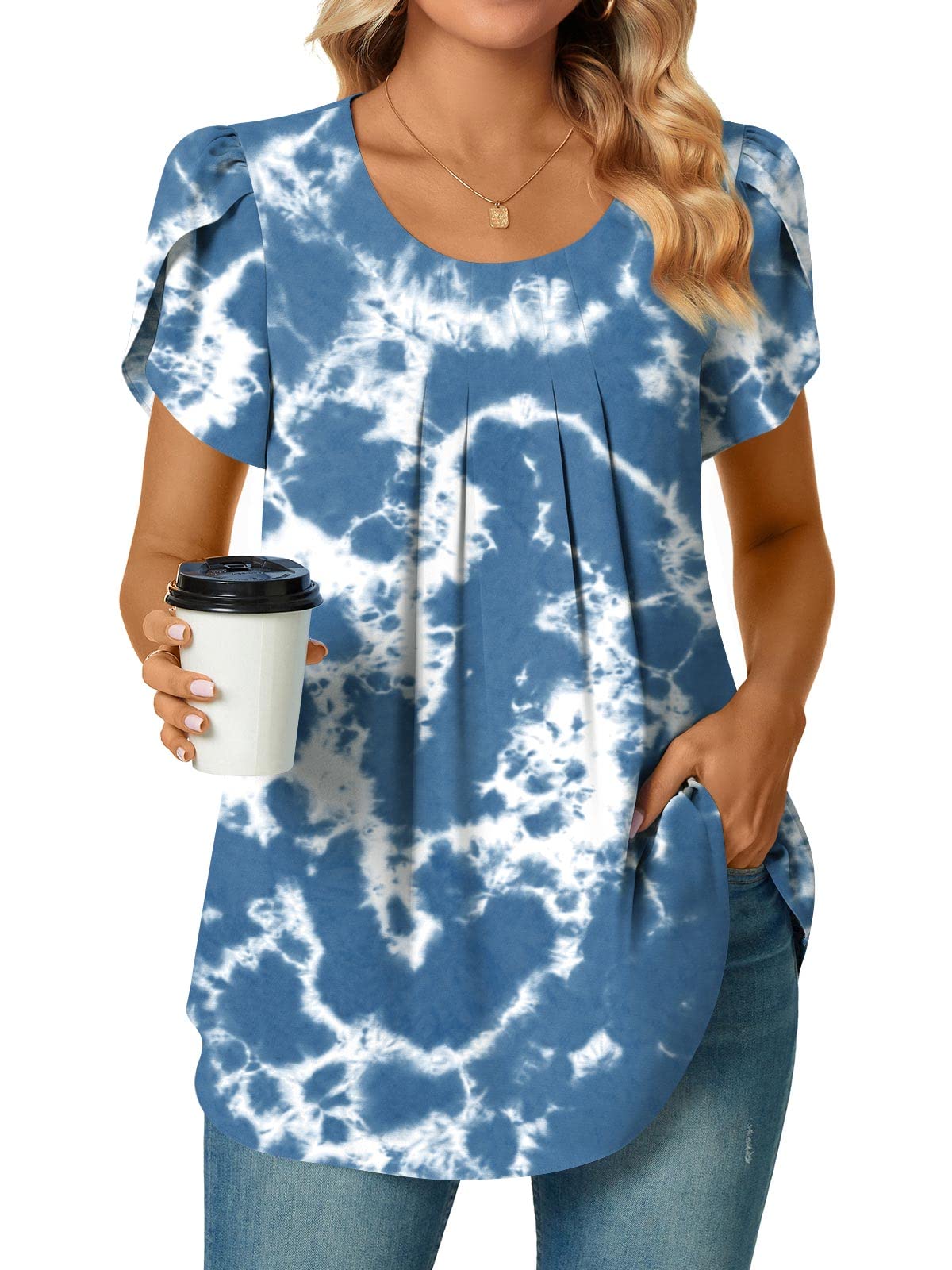 BestbeeWomens Dressy Chiffon Blouses Shirts Petal Short Sleeve Tunic Tops Summer Casual T-Shirts with Pleated Strech