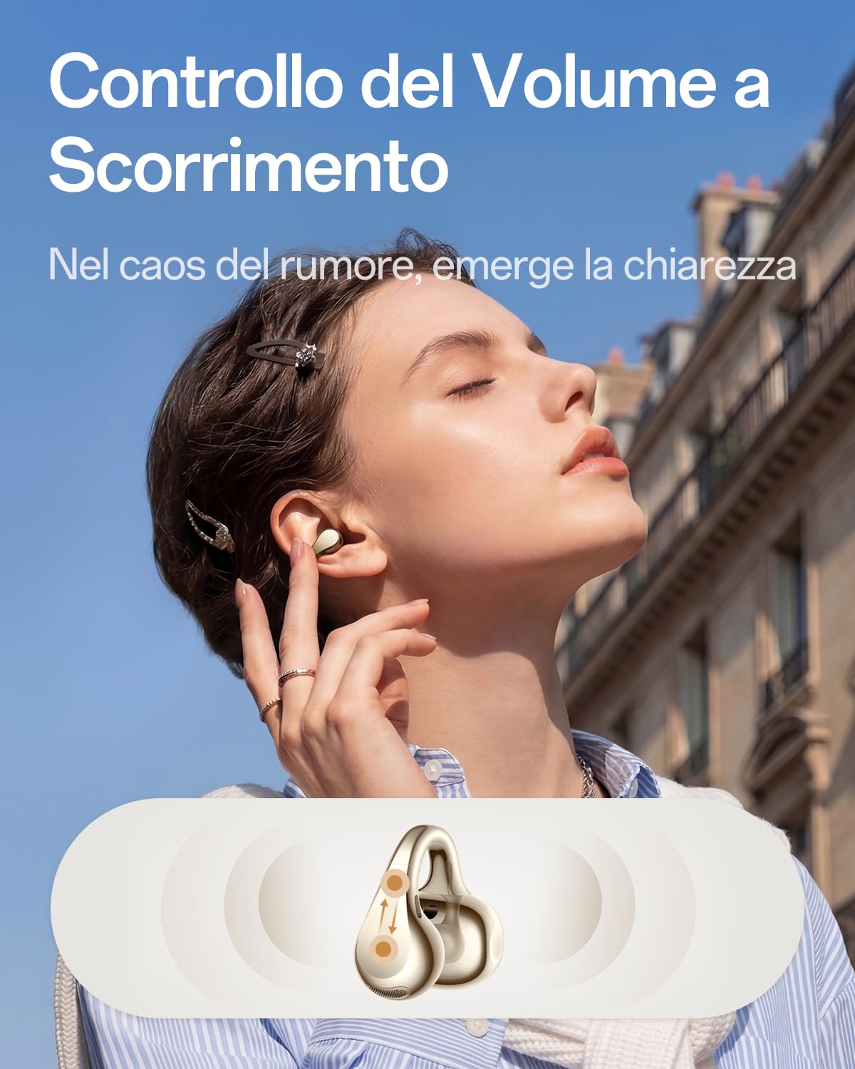 OPPO Enco Clip2 Cuffie Open-Ear, Doppi Driver 11mm+9mm, Bluetooth 6.1 Suono Dynaudio, Comfort EarHug, Audio Hi-Res LHDC 5.0, 40H Autonomia, Chiamate Ossee Nitide, Luminous Gold