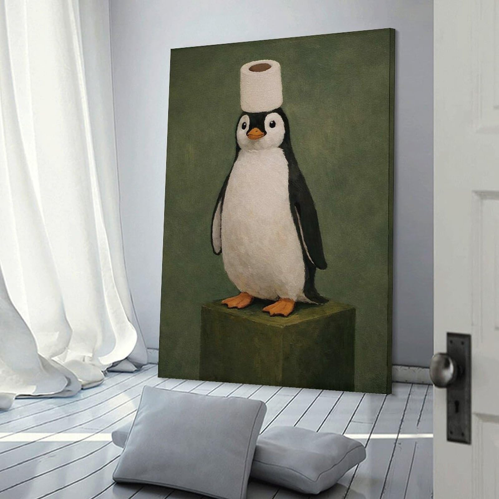 Junmoney Frame-Style-12 Penguin With Toilet Paper Hat Wall Decor Canvas Print, 20X30inch(50X75cm), For Living Room, Lounge Or Sitting Room, Easy Decor For Gallery Walls