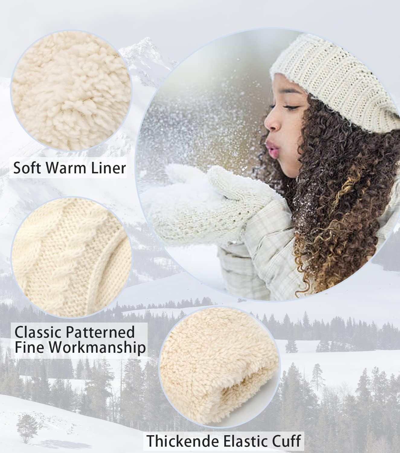 3 Pairs Winter Mittens For Women Warm Gloves Knit Thick Gloves With Thick Fleece Lining Gift, Brown/Navy/Beige, One Size - Image 2