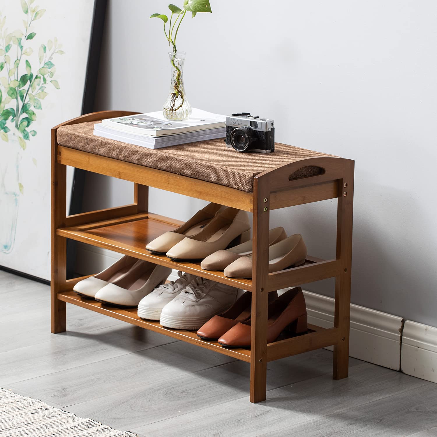 Shoe Rack Bench Entryway 3-Tier Bamboo Shoe Organizer With Cushion - View #5