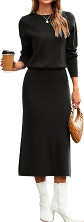 Glamaker Womens 2 Piece Skirt Sets Fall Long Sleeve Sweater Dress Casual Knit Midi Dress Travel Outfits Winter Clothes