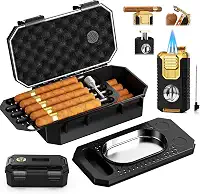 Umidor de viagem com acendedor de tocha, cortador em V, suporte, perfurador, realçador, cinzeiro, umidificador e higrômetro (butano não incluído) (preto, G)