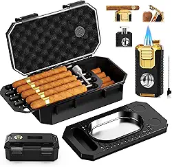 Umidor de viagem com acendedor de tocha, cortador em V, suporte, perfurador, realçador, cinzeiro, umidificador e higrômetro (butano não incluído) (preto, G)