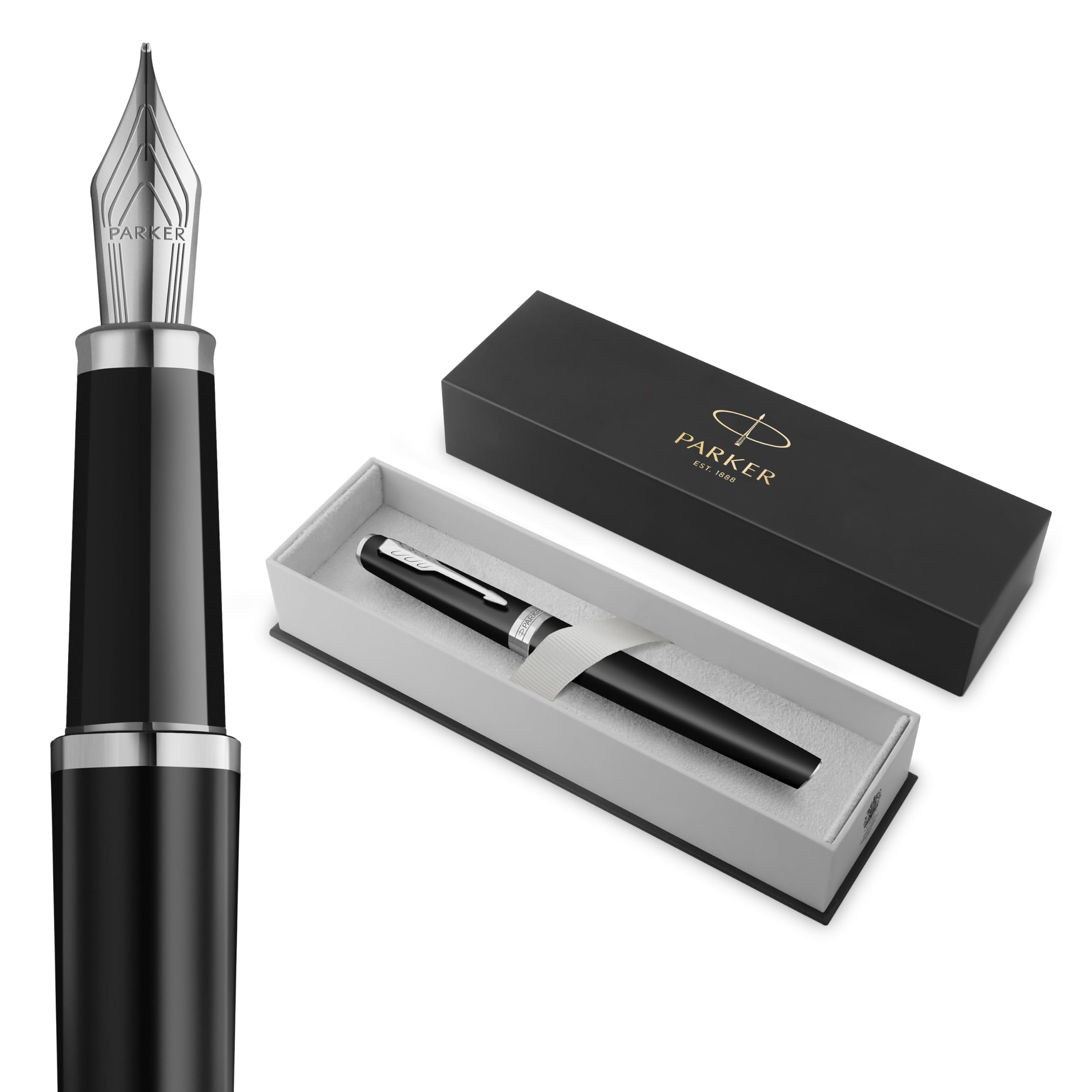 PARKER Meridian Füller | Mattschwarzer Lack mit Chromleisten | Mittlere Feder | Schönschreibfüller & Journaling Zubehör | Blaue Tinte | Luxus-Geschenkbox