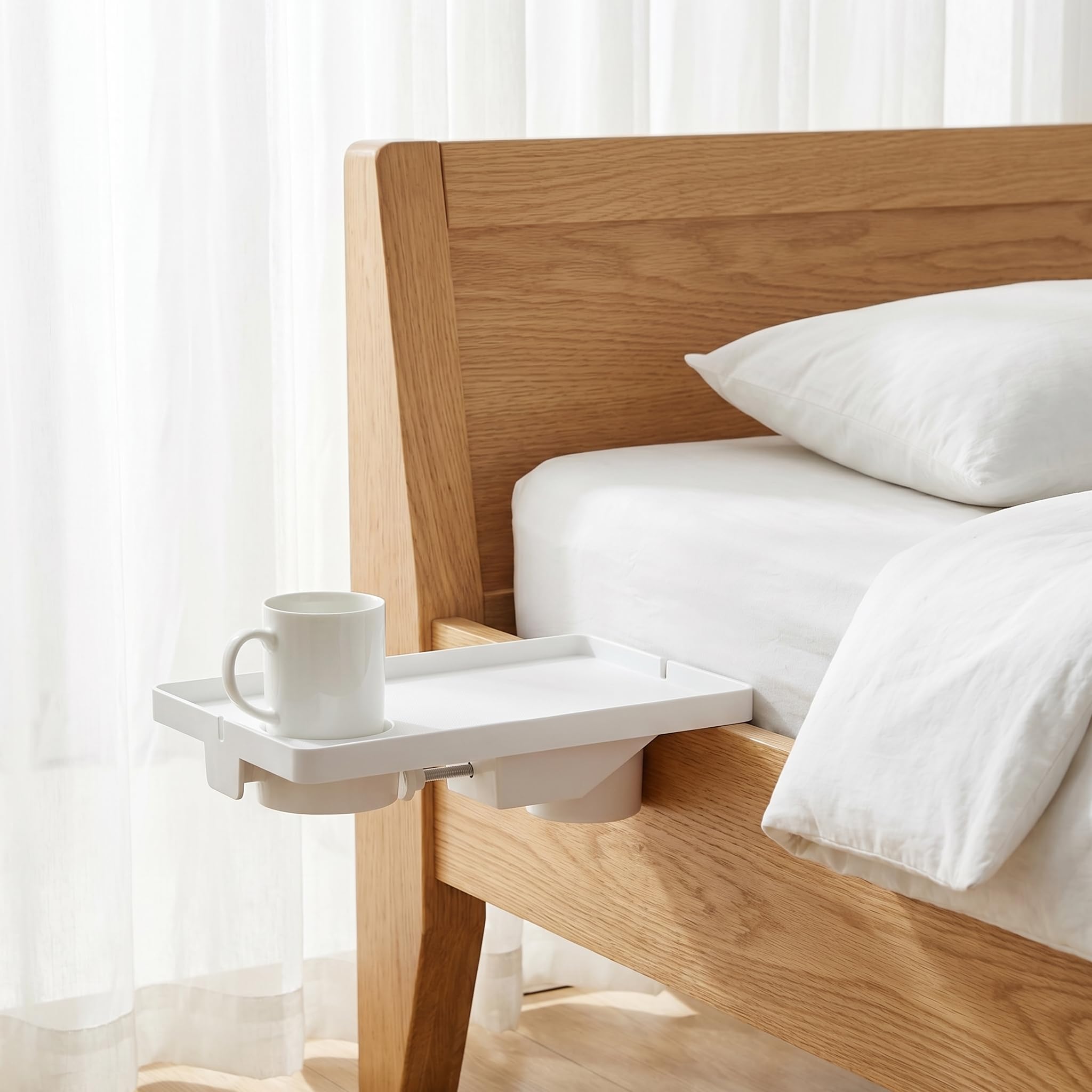 Table De Chevet Suspendue pour Lit Grande Table De Nuit Fixe sur Cadre 43x29,5 Cm avec Support De Verre Et Passe-Câbles Plateau Lit pour Smartphone Blanc