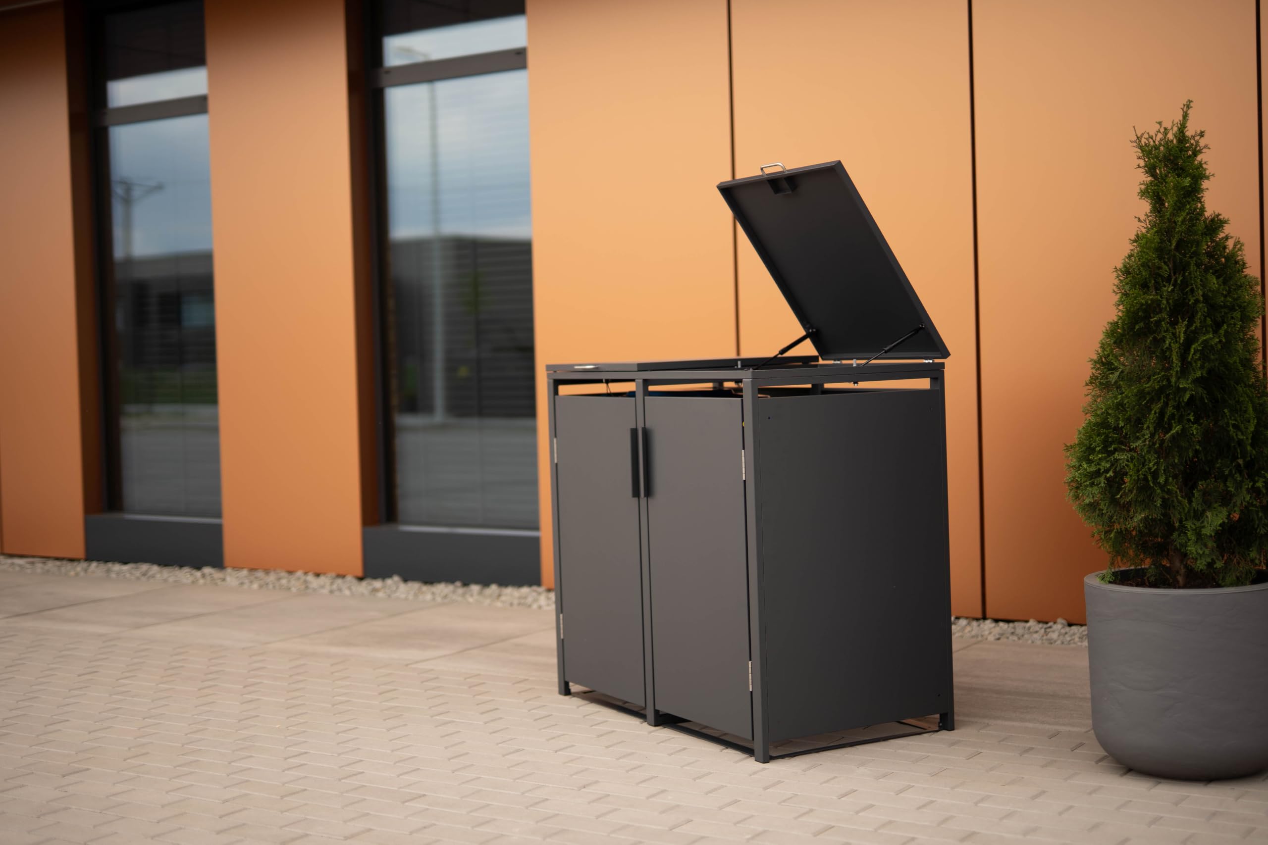SMARTBOX 2er Mülltonnenbox für 120 l in Anthrazit - Premium Verkleidung Wetterfest & Korrosionsbeständig - Storage Cabinet Möbelschrank mit Gasdruckdämpfer Soft-Close Deckelseilzug Magnetverschluss
