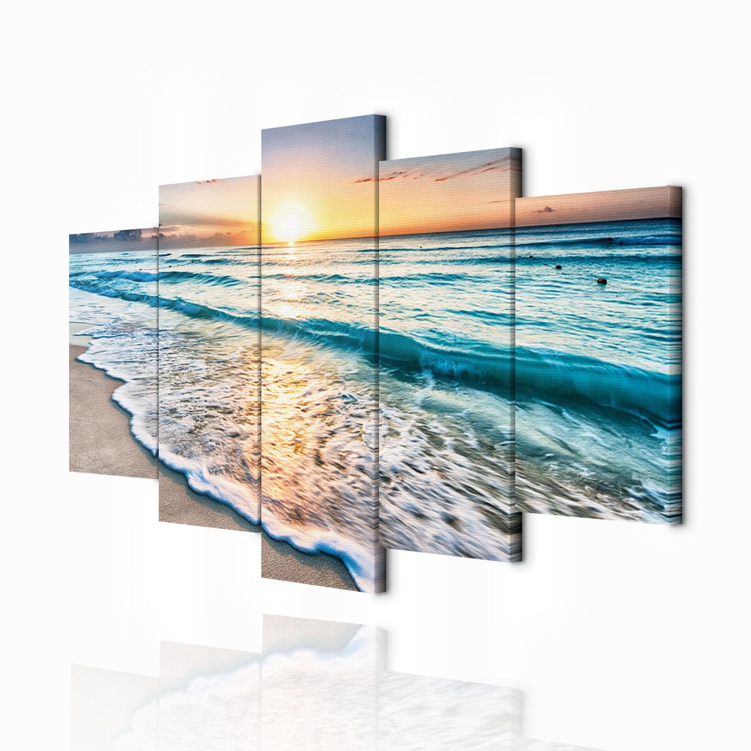 decomonkey Cuadro Lienzo Mar Playa puesta de sol 200x100 cm 5 piezas | Impresión sobre material tejido no tejido, decoración de cuadro de pared, gráfica fotográfica, para salón, Paisaje, diseño 32