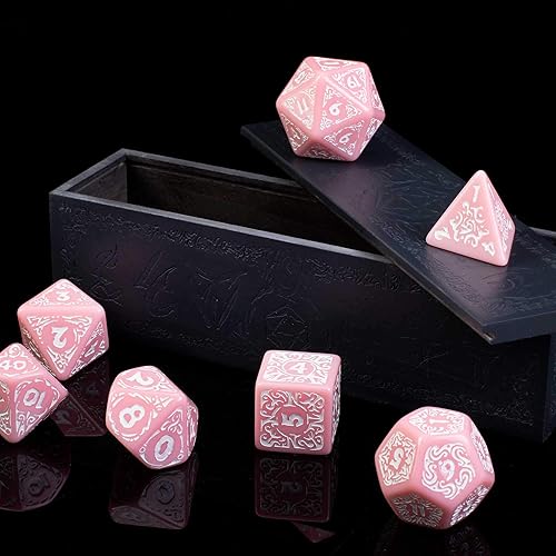 Miniatura 4 de Img Dados de tamaño grande Calíope Cherry Blossom Titan con estuche, juego de 7 dados poliédricos diferentes