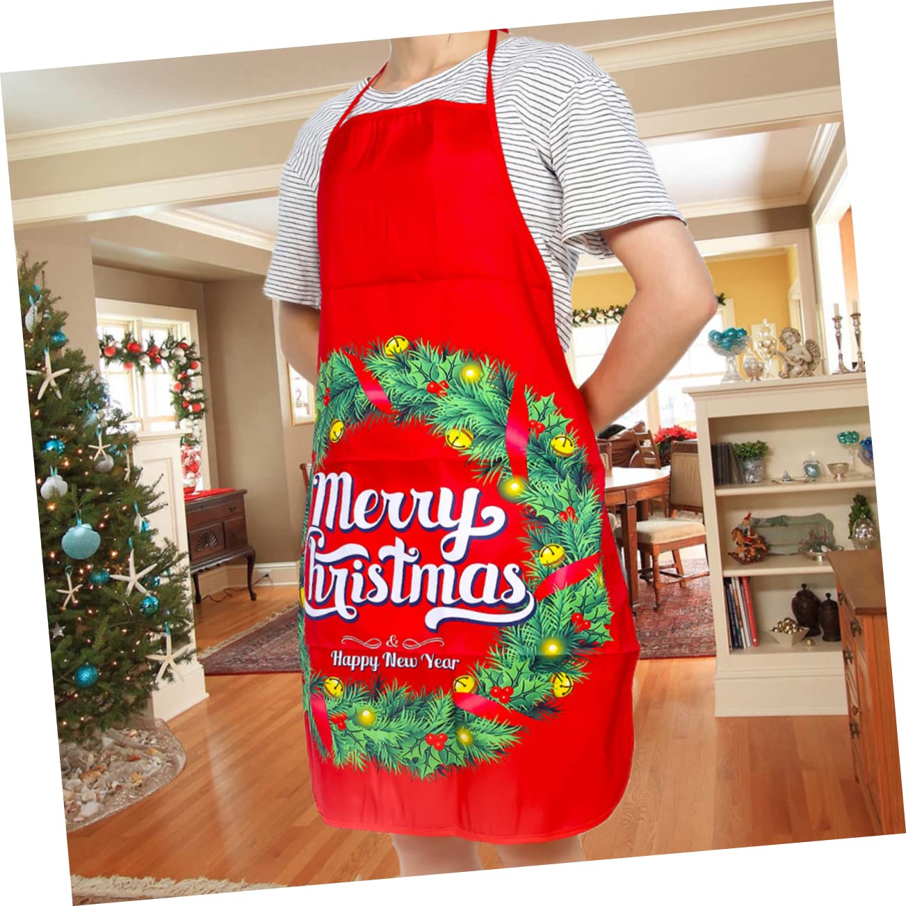BESTYASH 10 Piezas Delantales Rojos para Adultos Diseño Navideño y Árbol Ajustables Tela Reutilizables para Cocina y Fiestas