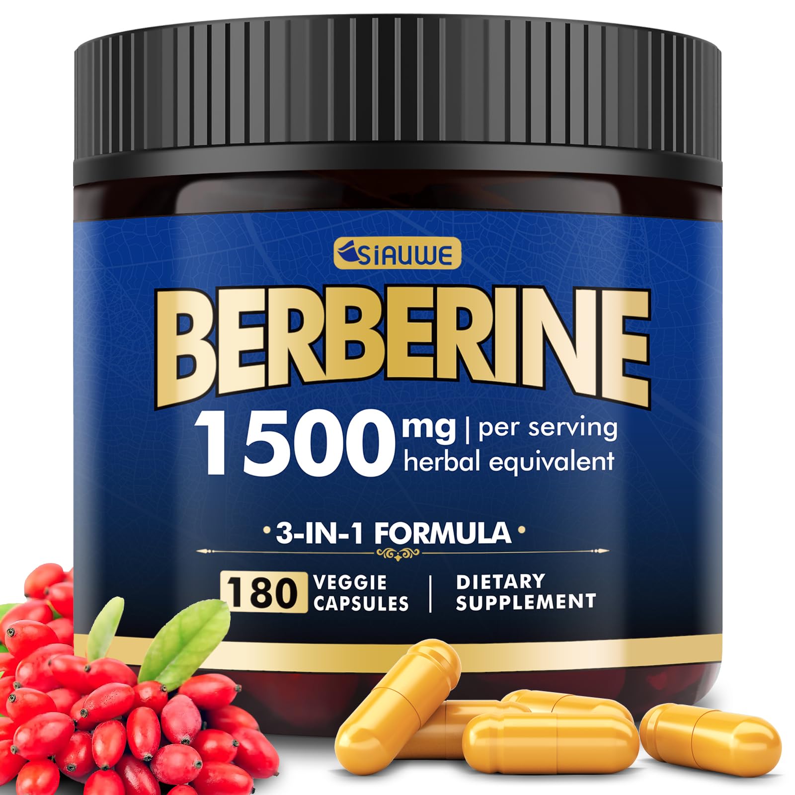 Berberine HCl 1500mg Supplement, 180 Veggie Capsules